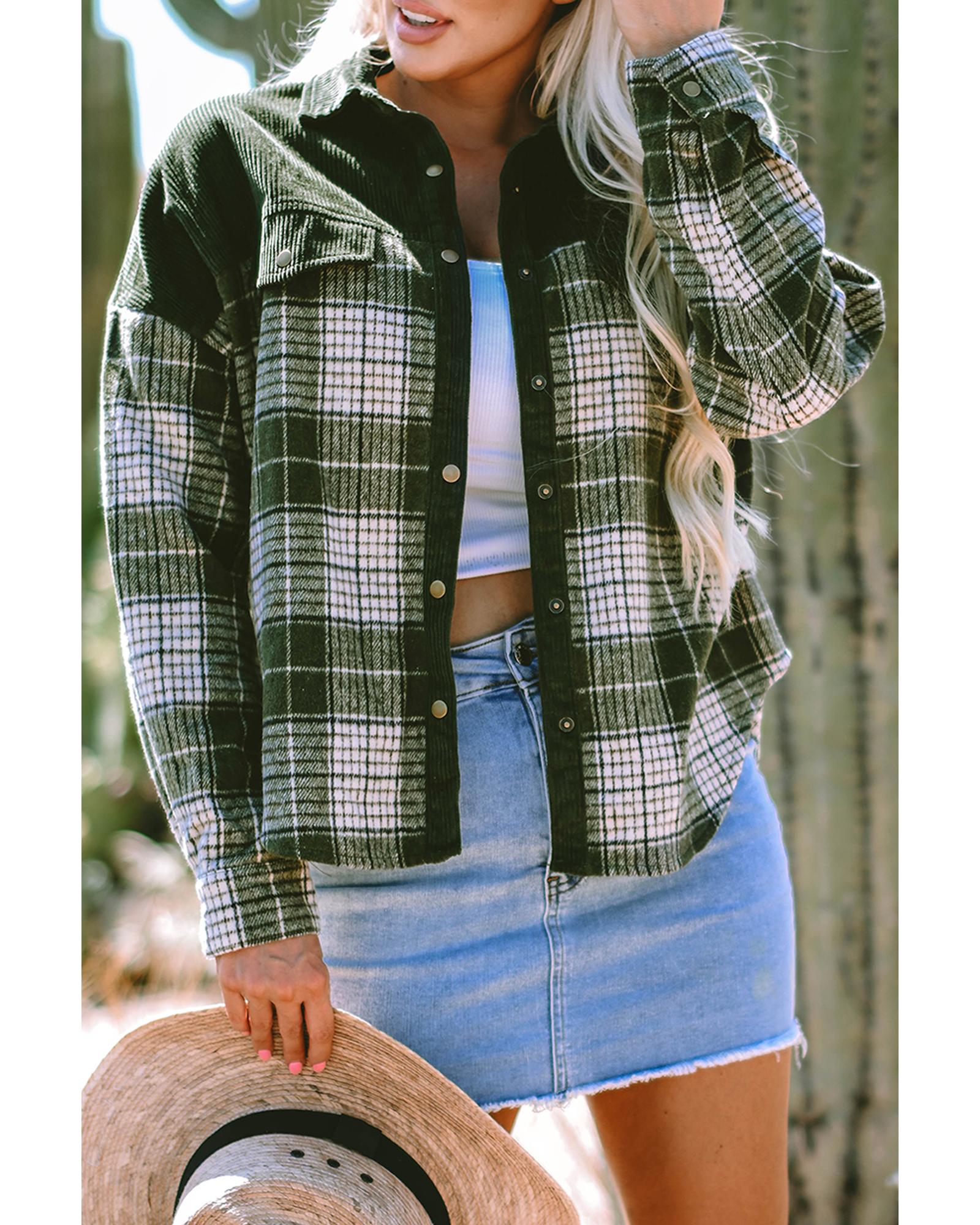 Blackish Green Snap Buttons Colorblock Plaid Shacket - L