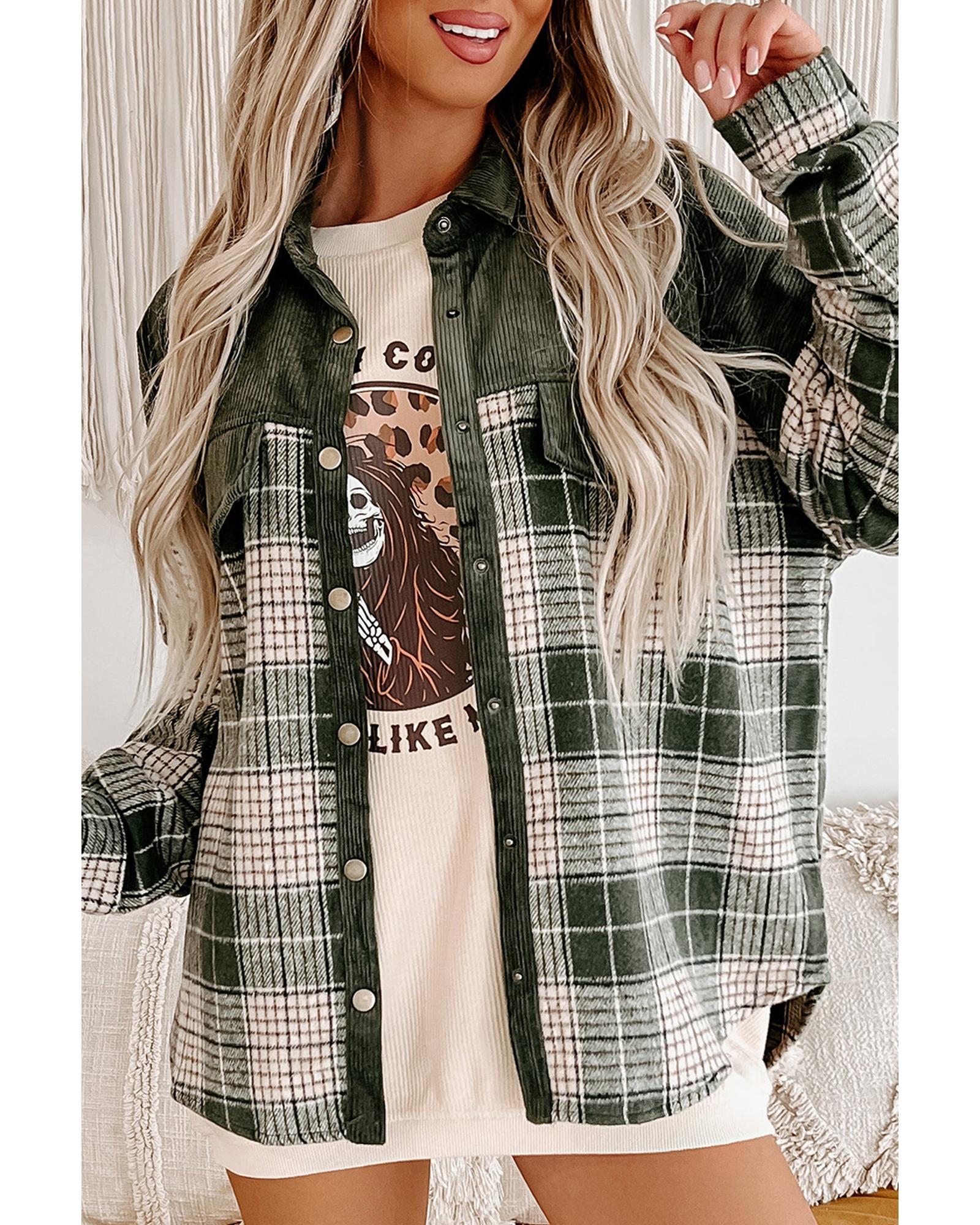 Blackish Green Snap Buttons Colorblock Plaid Shacket - L