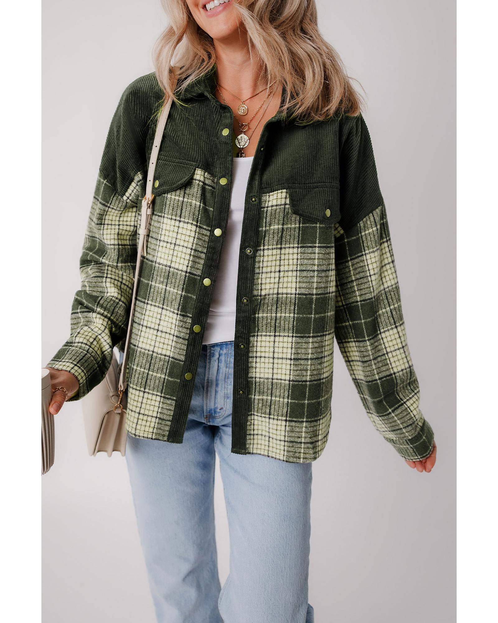 Blackish Green Snap Buttons Colorblock Plaid Shacket - L