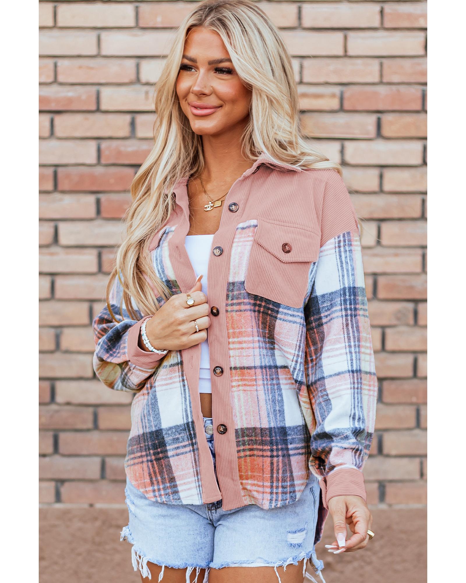Light Pink Plaid Corduroy Patchwork Chest Pocket Shacket - M