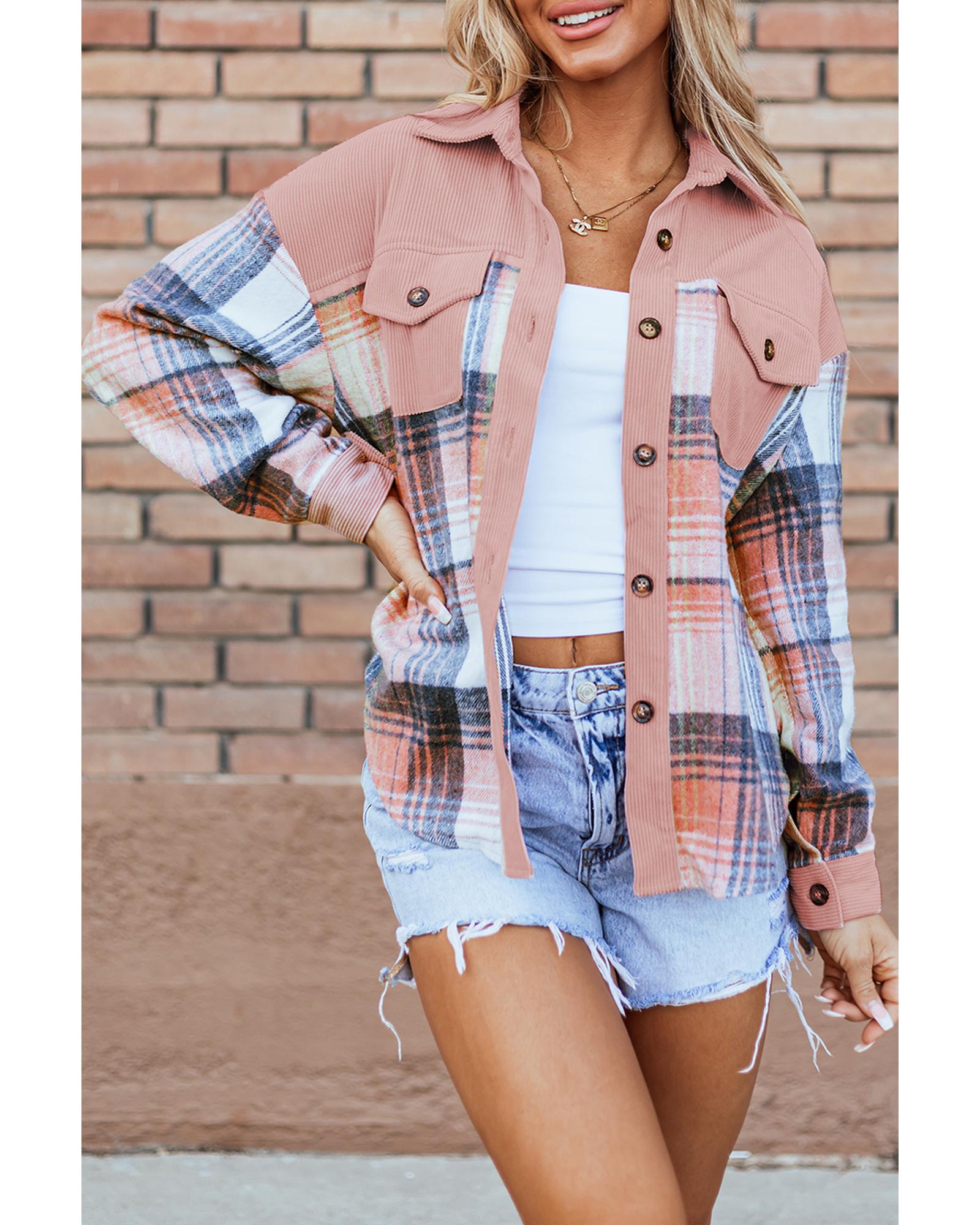 Light Pink Plaid Corduroy Patchwork Chest Pocket Shacket - M