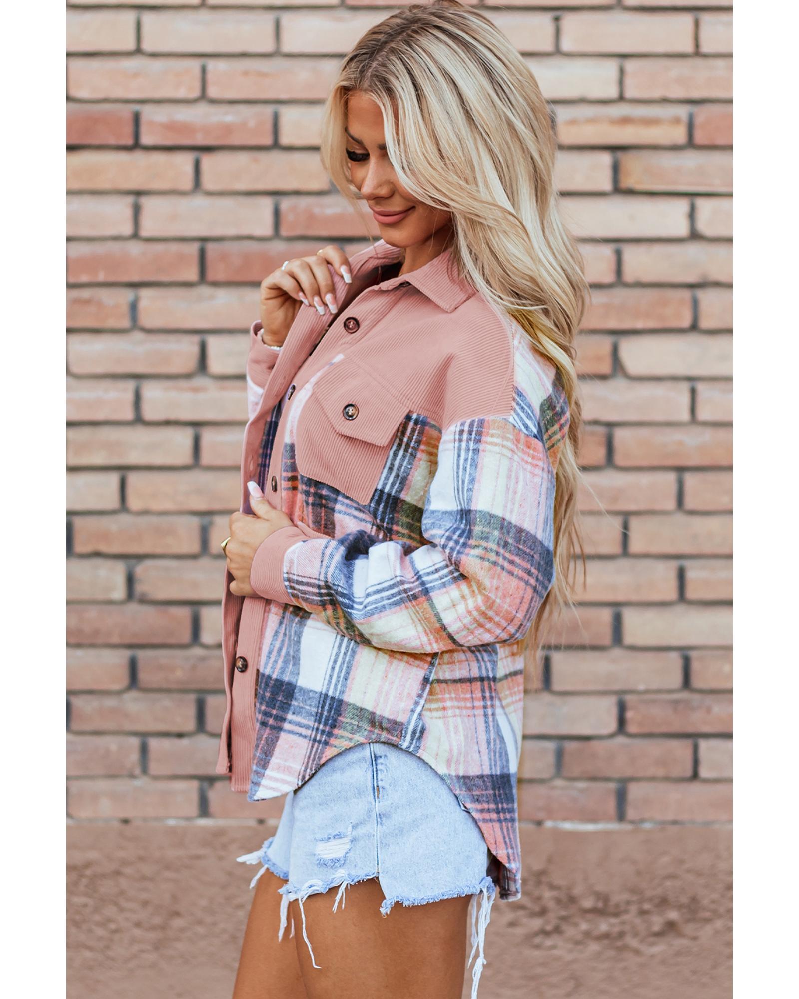 Light Pink Plaid Corduroy Patchwork Chest Pocket Shacket - S