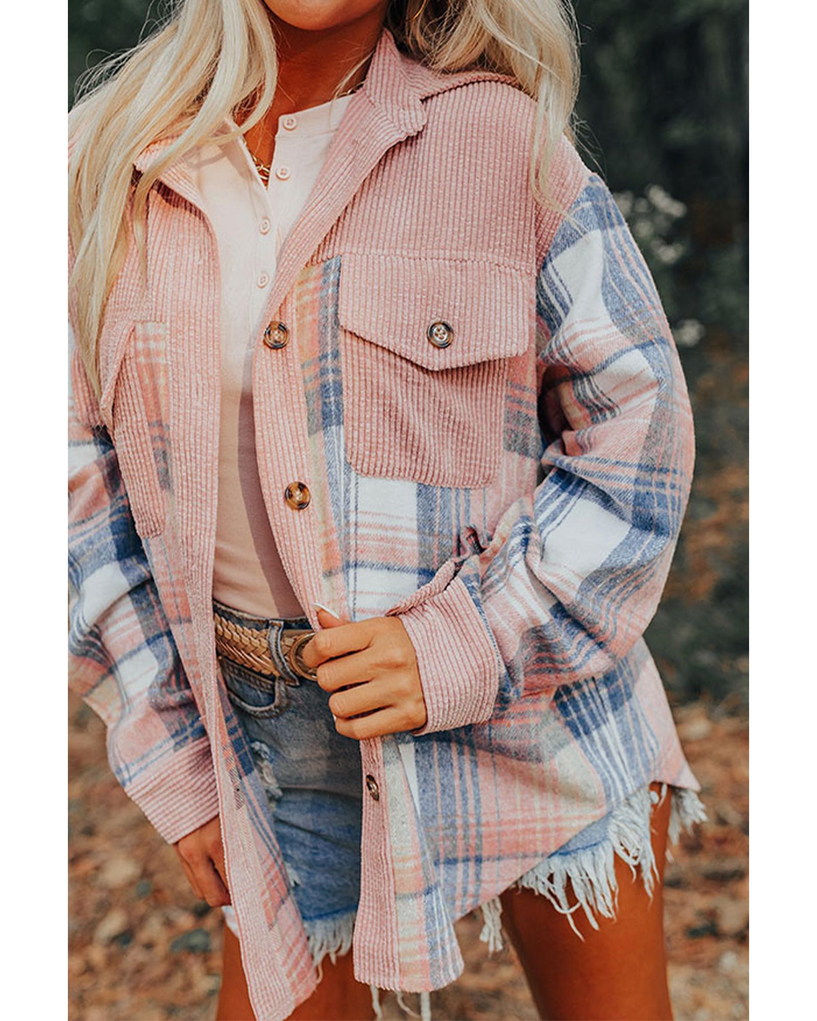 Light Pink Plaid Corduroy Patchwork Chest Pocket Shacket - S