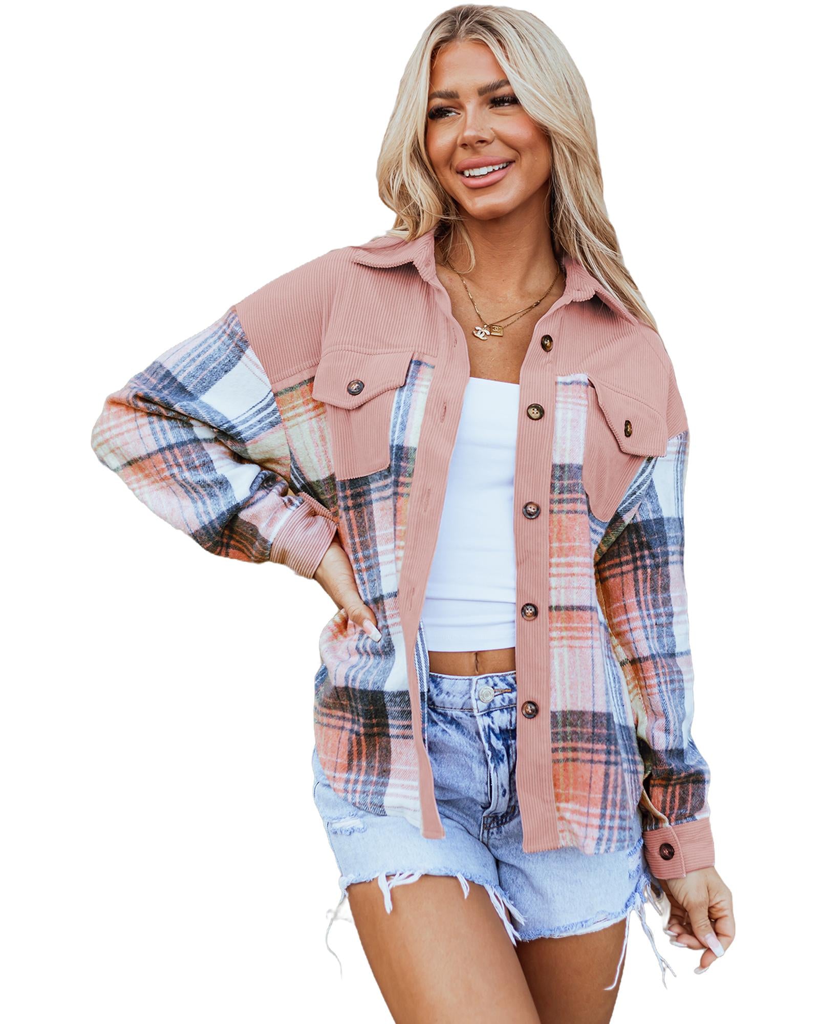 Light Pink Plaid Corduroy Patchwork Chest Pocket Shacket - S
