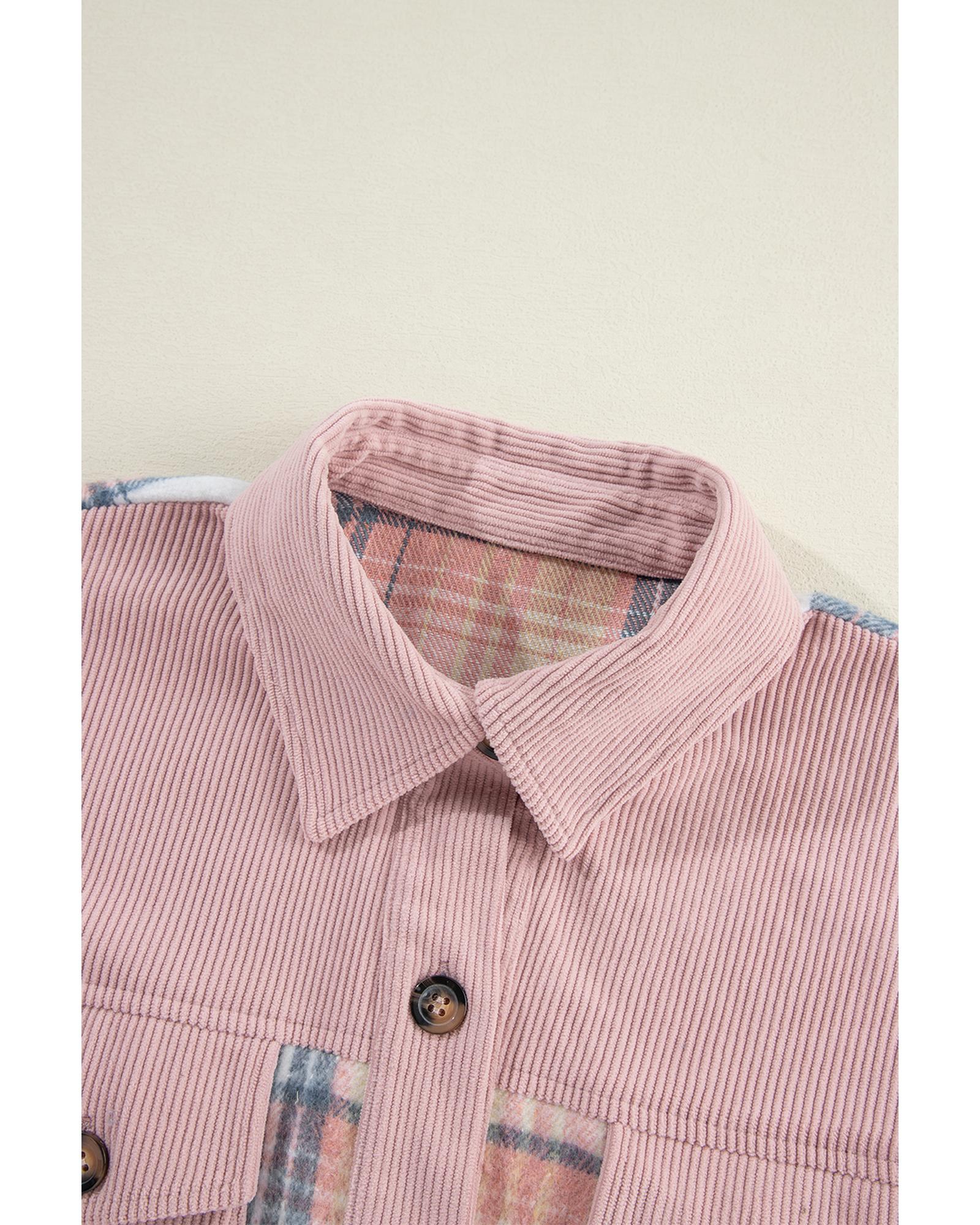 Light Pink Plaid Corduroy Patchwork Chest Pocket Shacket - XL