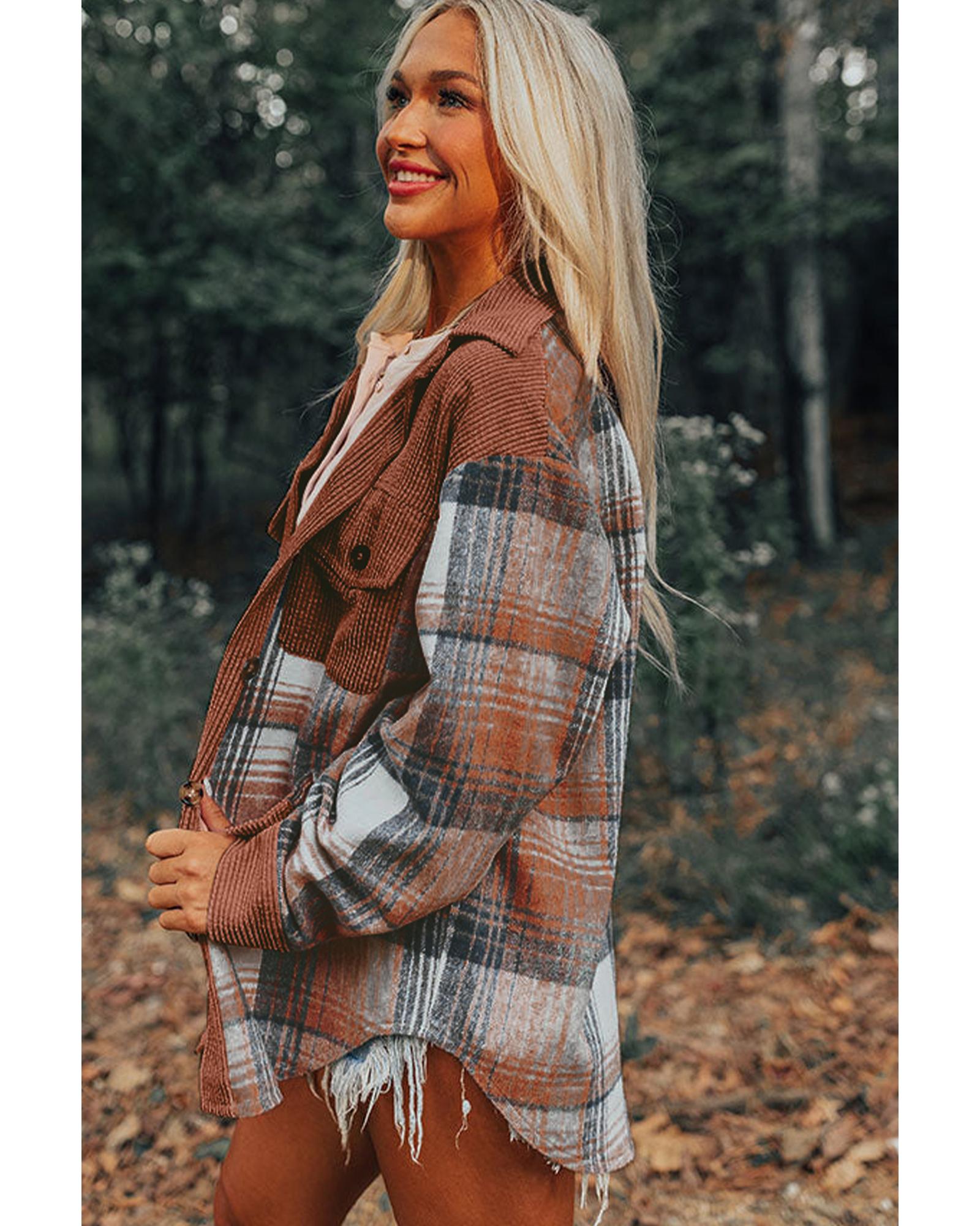 Cinnamon Plaid Corduroy Patchwork Chest Pocket Shacket - 2XL