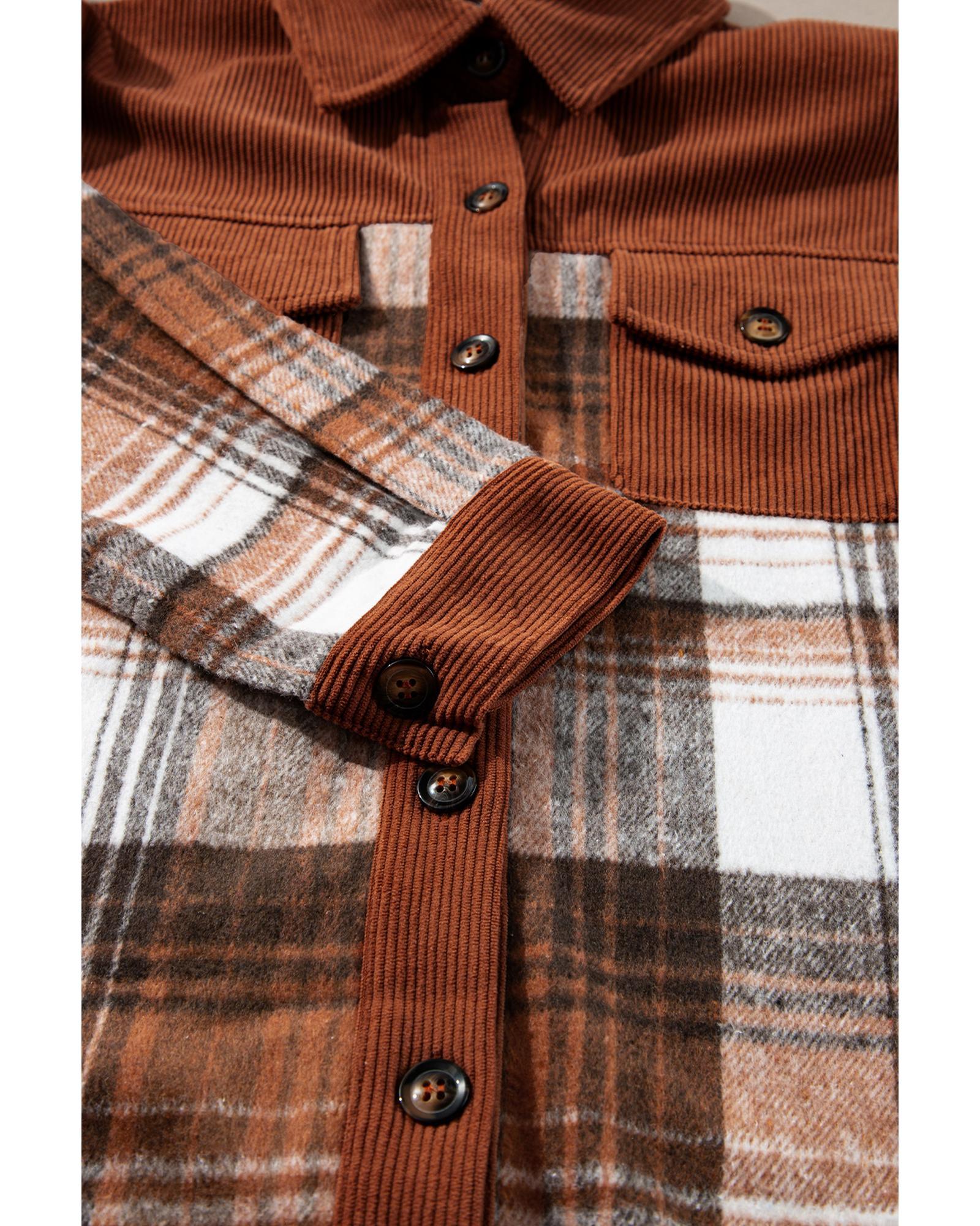 Cinnamon Plaid Corduroy Patchwork Chest Pocket Shacket - L