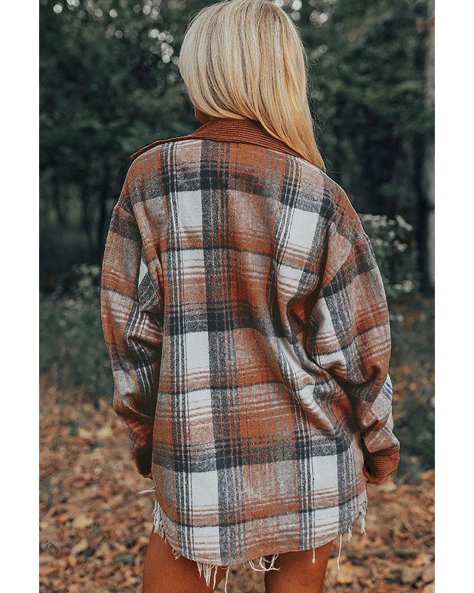 Cinnamon Plaid Corduroy Patchwork Chest Pocket Shacket - L