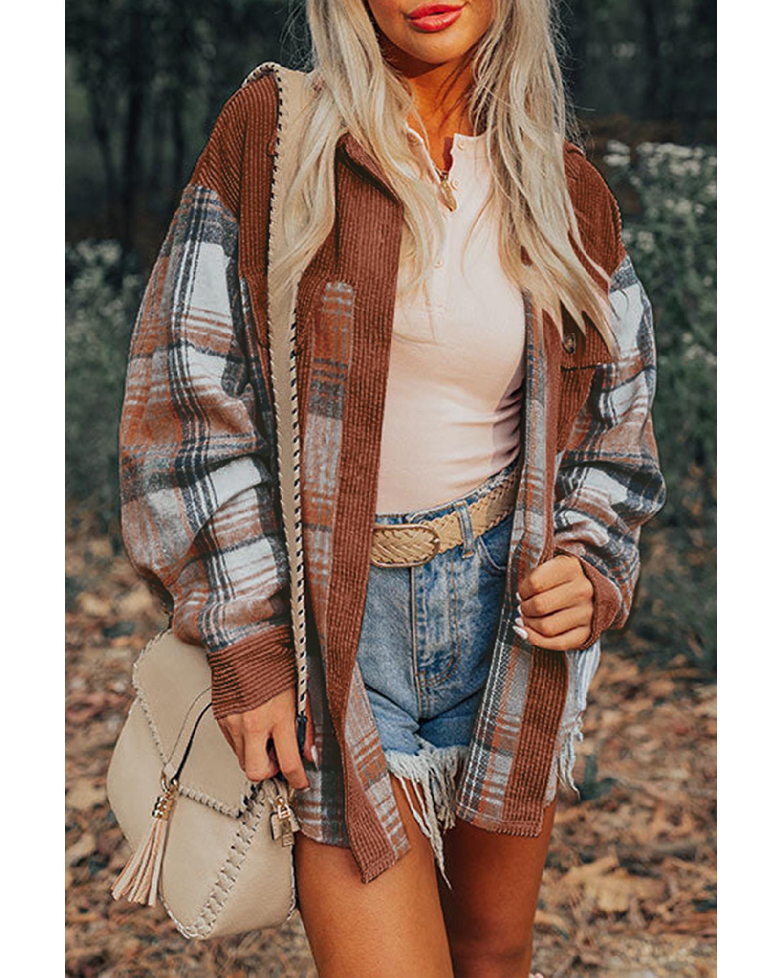 Cinnamon Plaid Corduroy Patchwork Chest Pocket Shacket - S