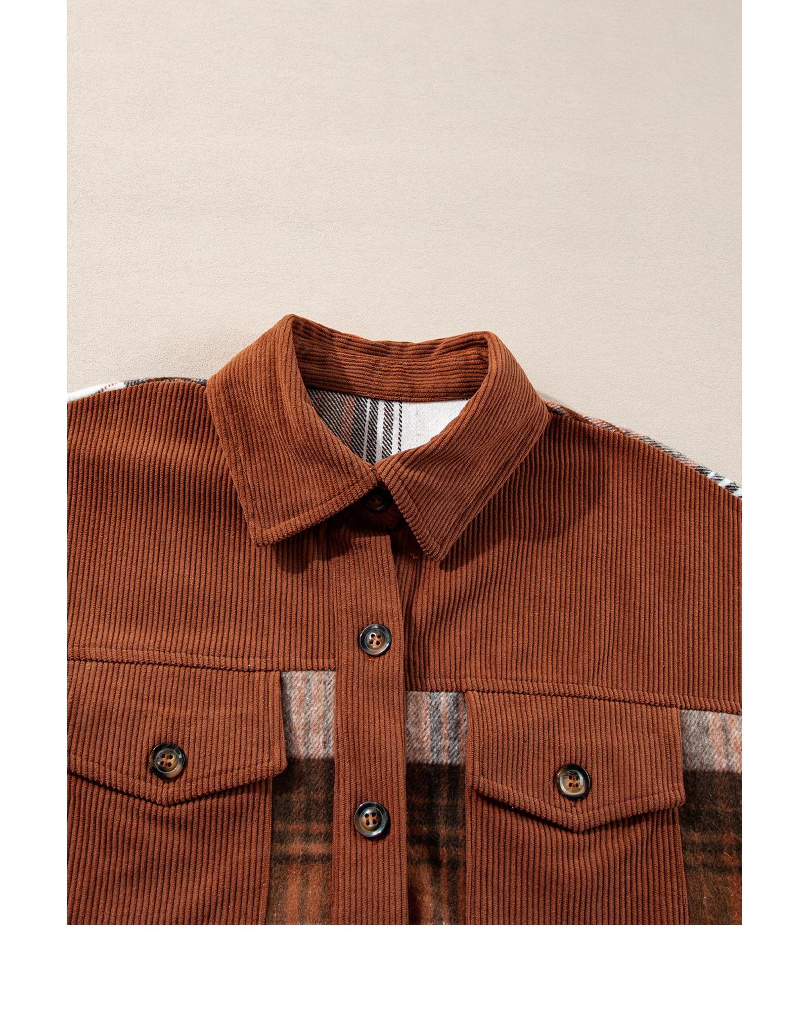 Cinnamon Plaid Corduroy Patchwork Chest Pocket Shacket - S