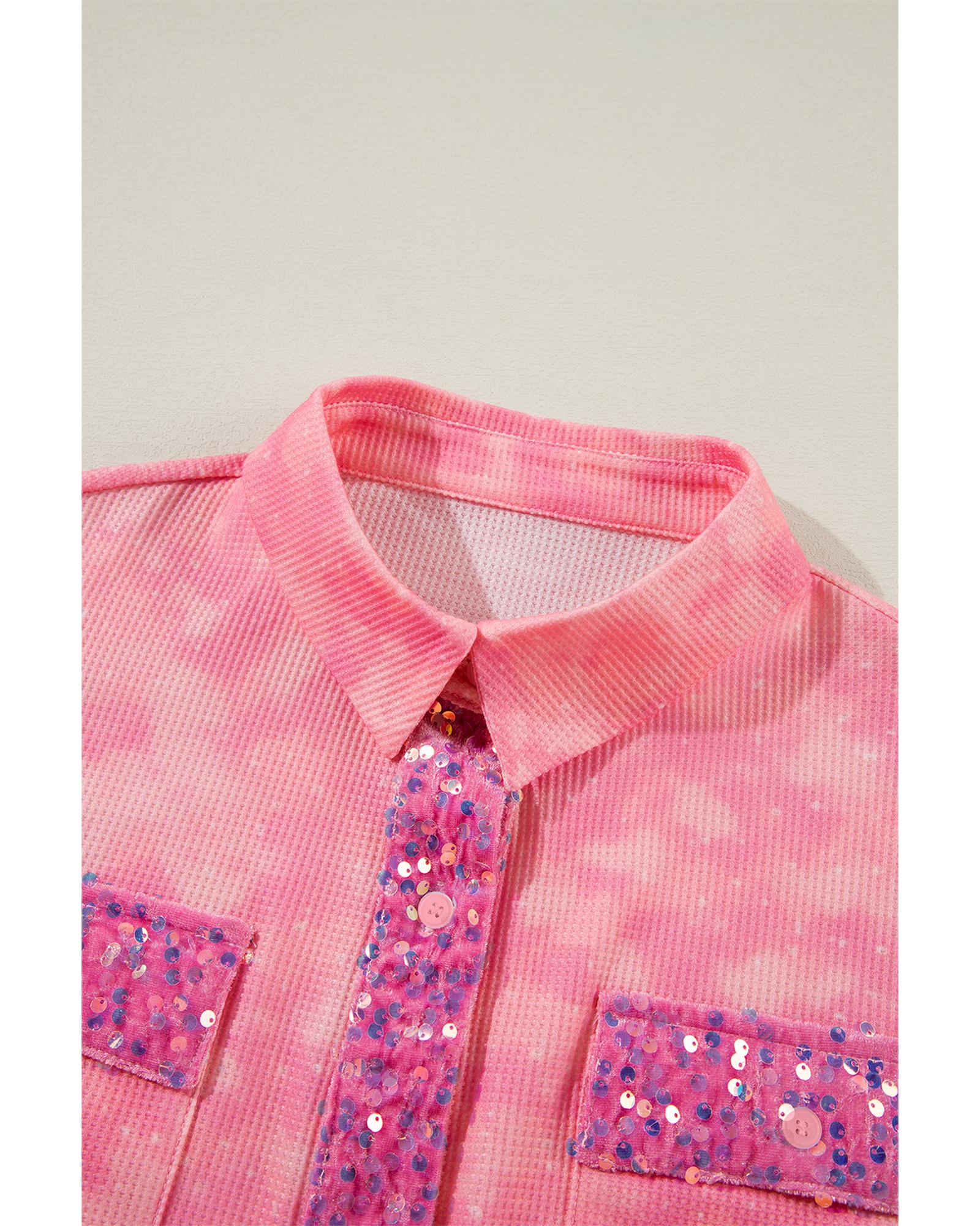 Apricot Pink Mineral Wash Sequin Patchwork Flap Pocket Shacket - M