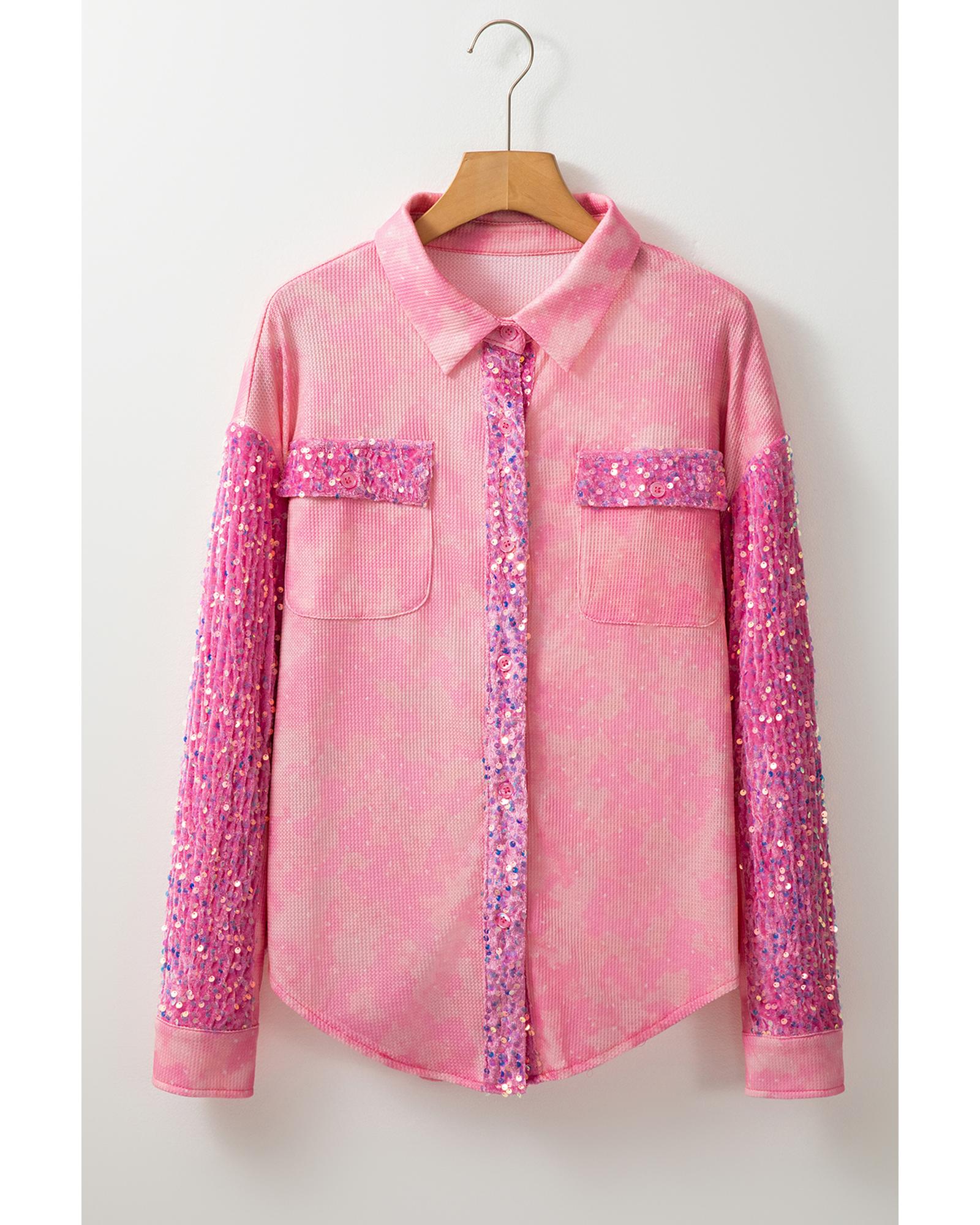 Apricot Pink Mineral Wash Sequin Patchwork Flap Pocket Shacket - M