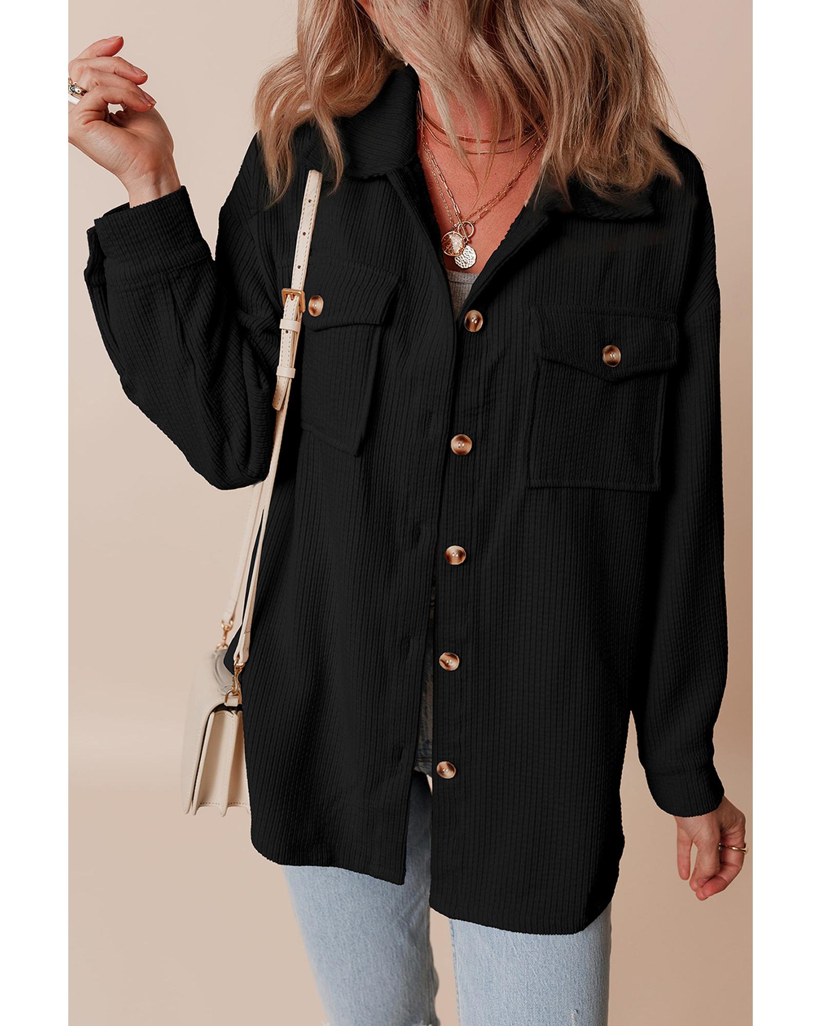 Black Corduroy Flap Pocket Button Up Shacket - 2XL