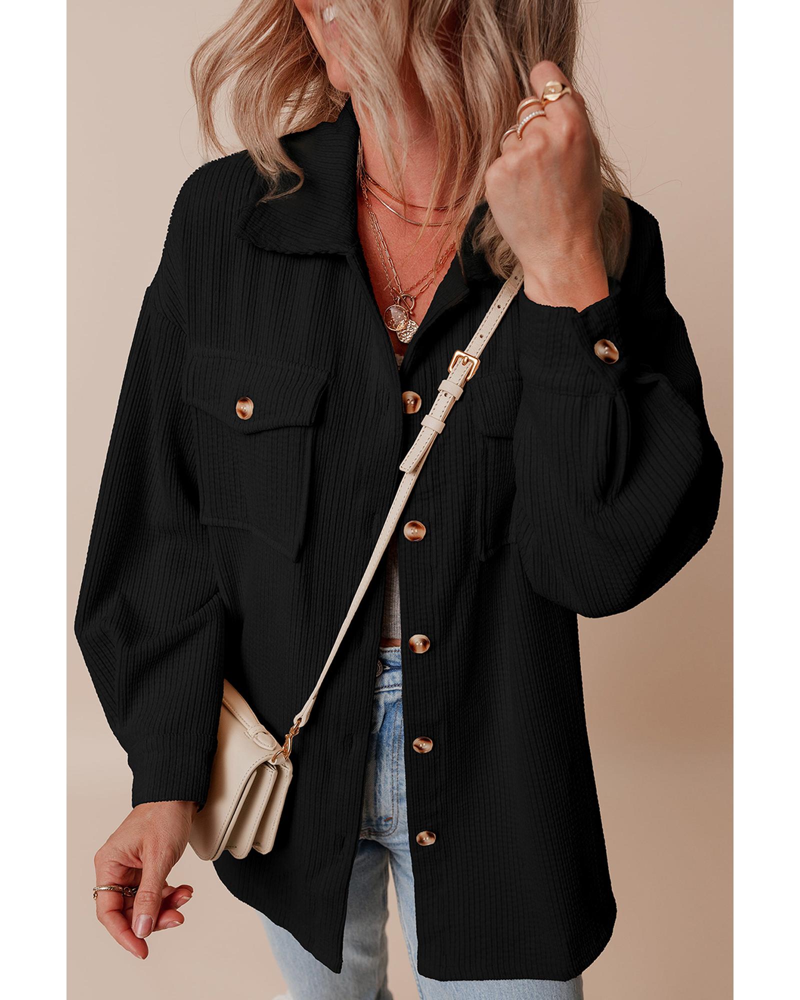 Black Corduroy Flap Pocket Button Up Shacket - 2XL