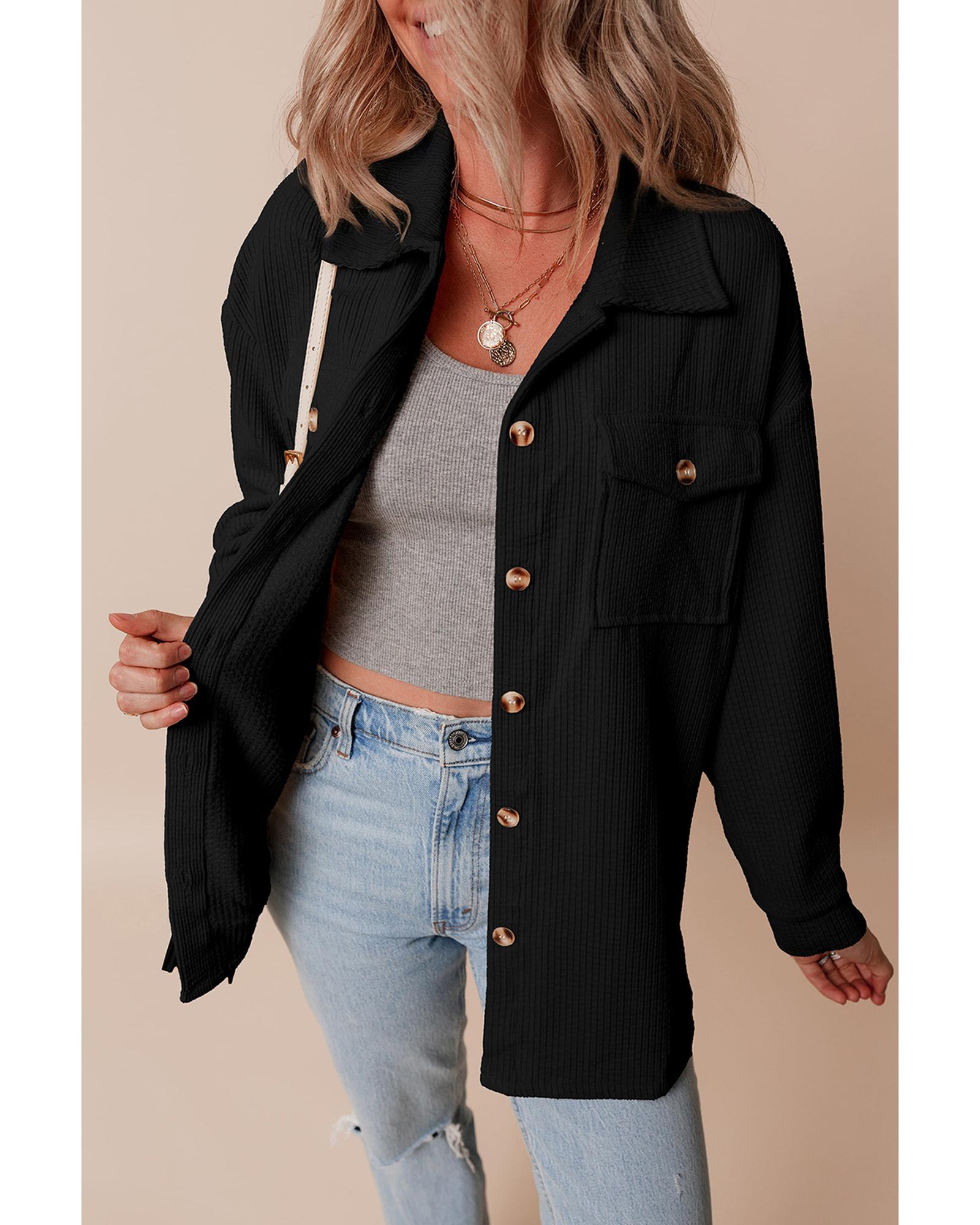 Black Corduroy Flap Pocket Button Up Shacket - 2XL