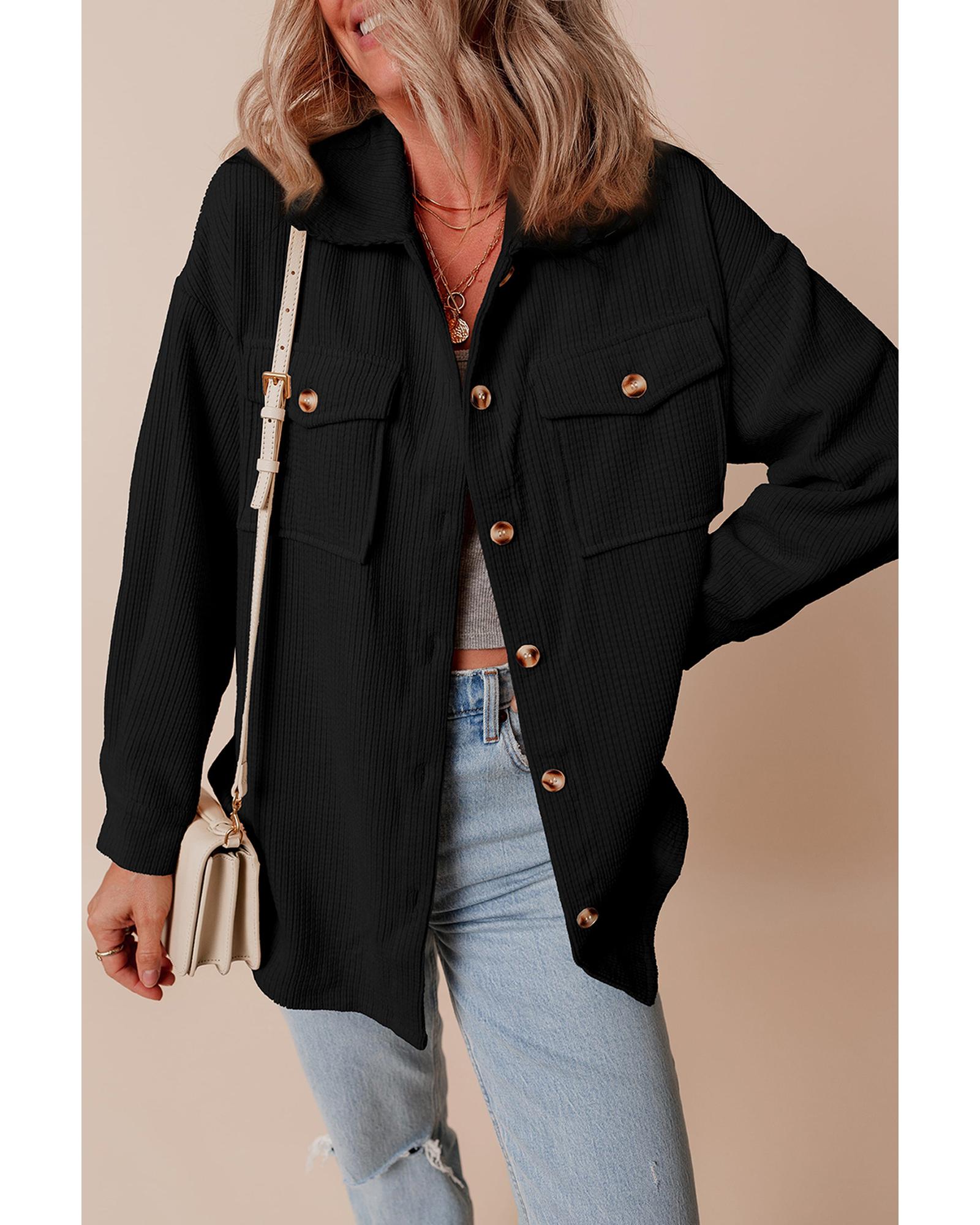 Black Corduroy Flap Pocket Button Up Shacket - M