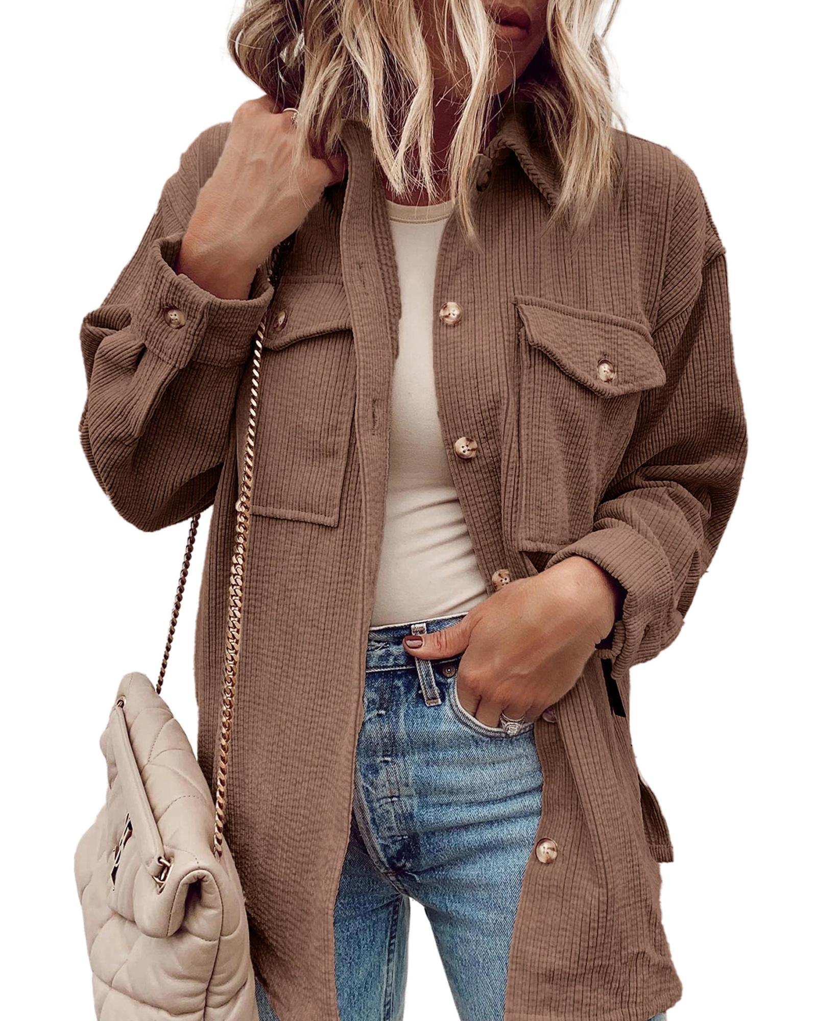 Chestnut Corduroy Flap Pocket Button Up Shacket - L