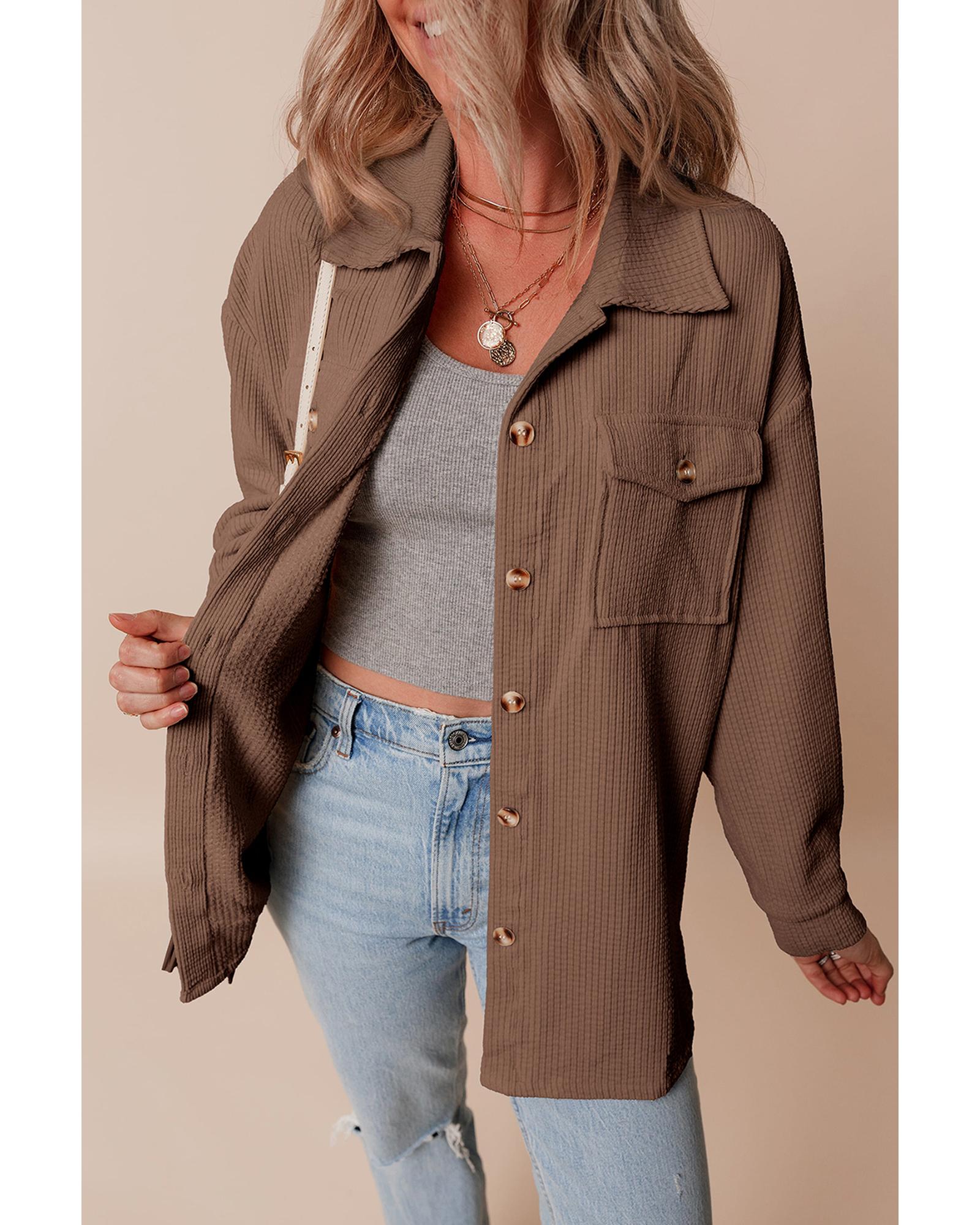 Chestnut Corduroy Flap Pocket Button Up Shacket - L
