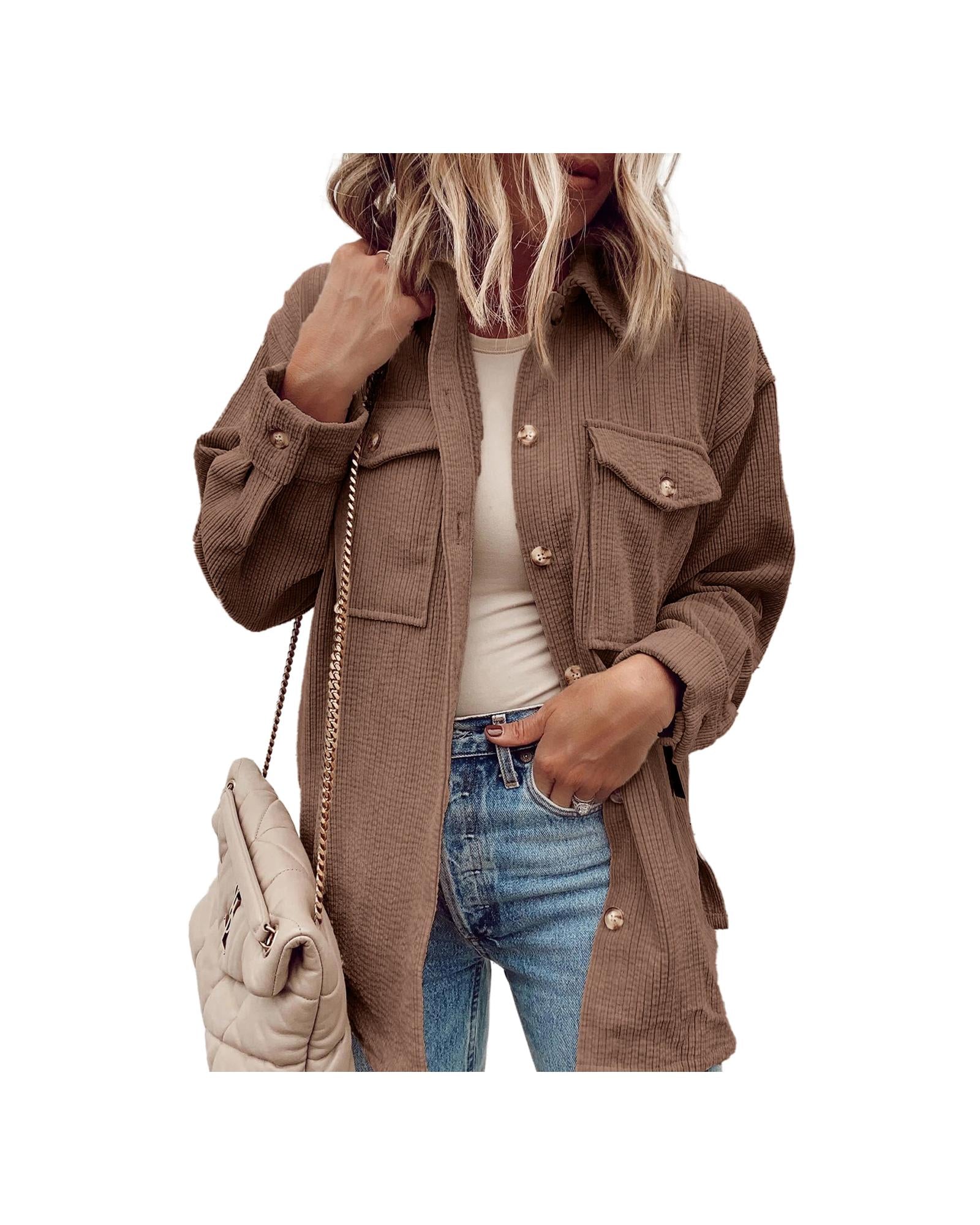 Chestnut Corduroy Flap Pocket Button Up Shacket - M