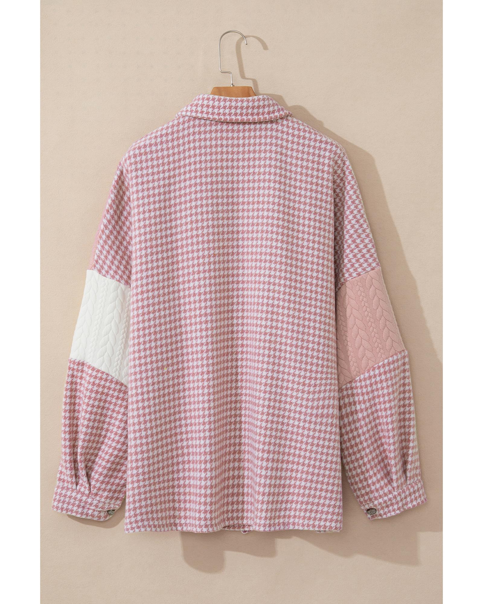 Pink Houndstooth Color Contrast Textured Patchwork Loose Shacket - L