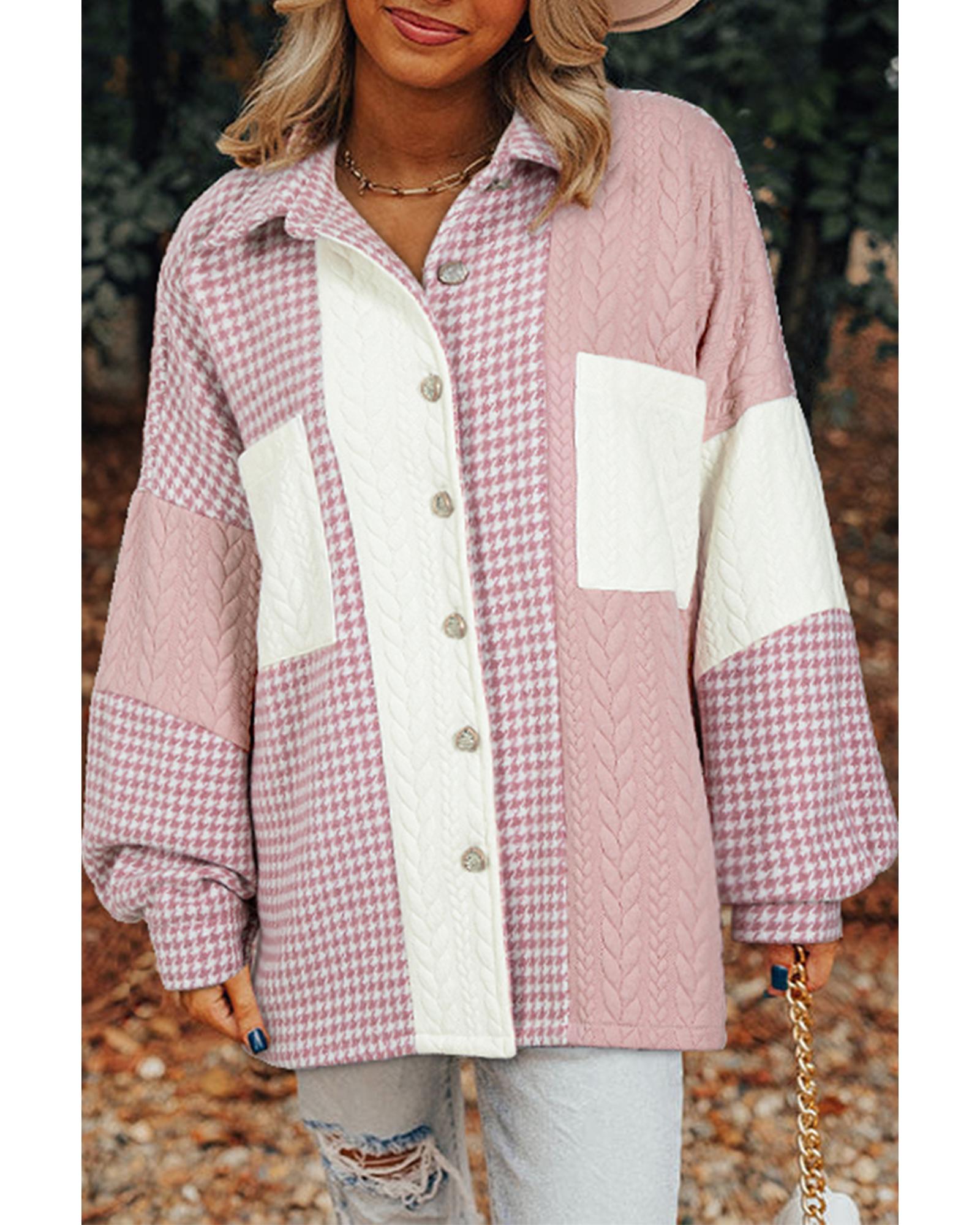 Pink Houndstooth Color Contrast Textured Patchwork Loose Shacket - L
