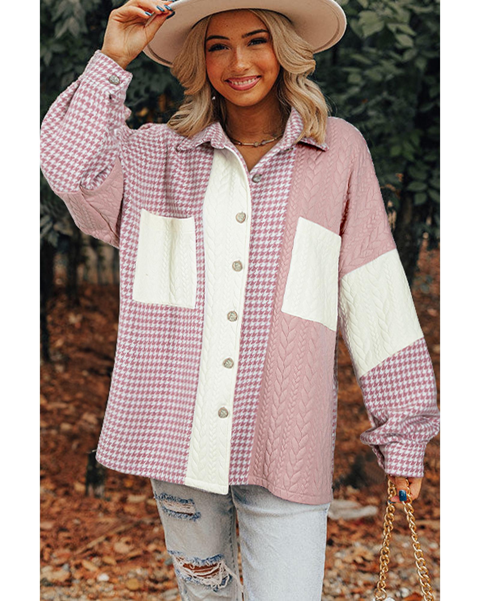 Pink Houndstooth Color Contrast Textured Patchwork Loose Shacket - L