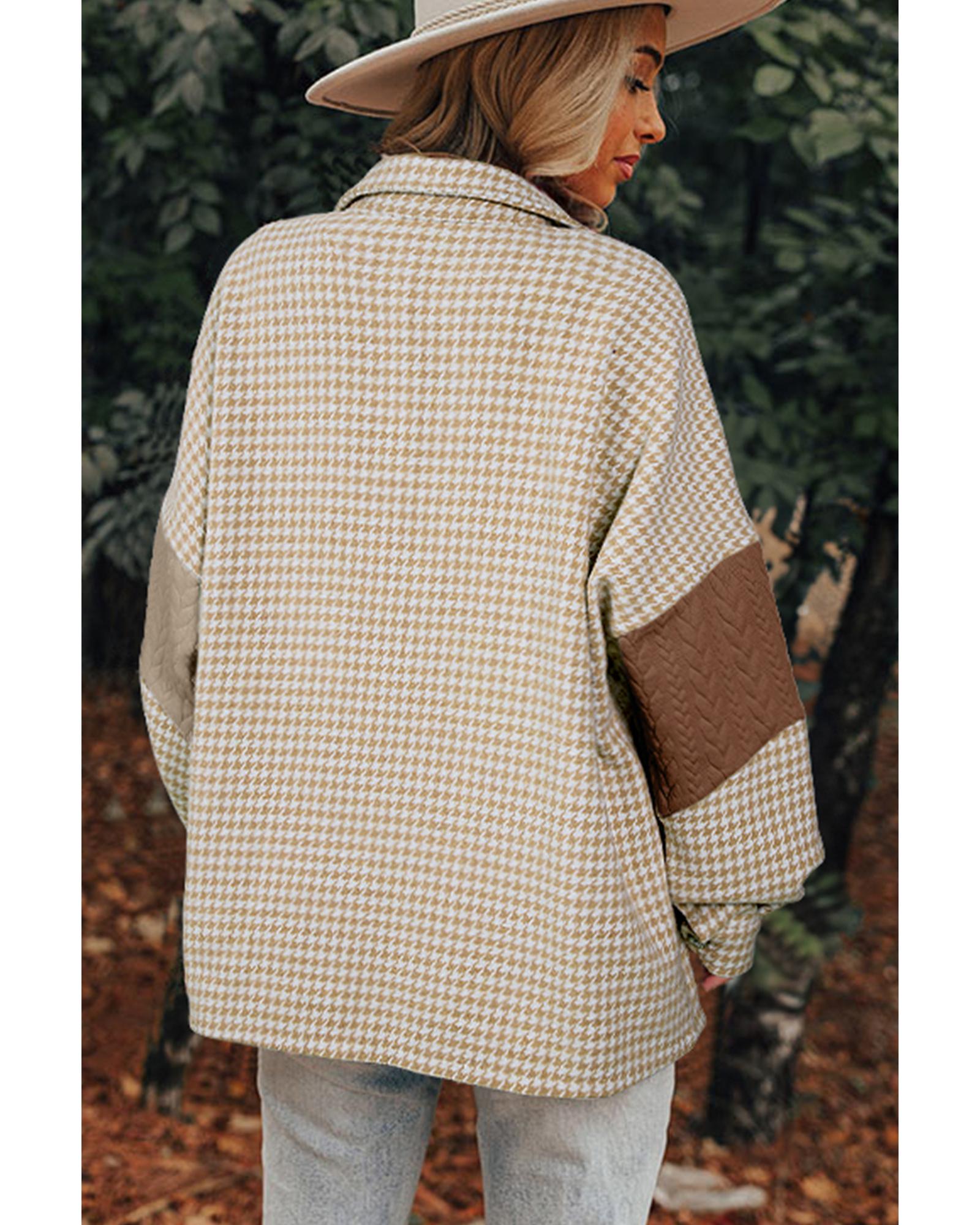 Khaki Houndstooth Color Contrast Textured Patchwork Loose Shacket - XL