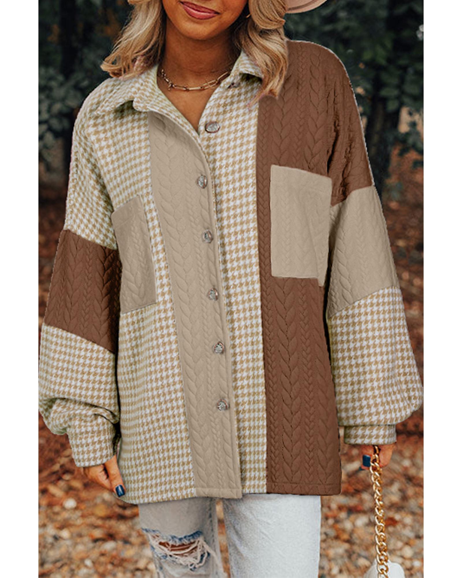 Khaki Houndstooth Color Contrast Textured Patchwork Loose Shacket - XL