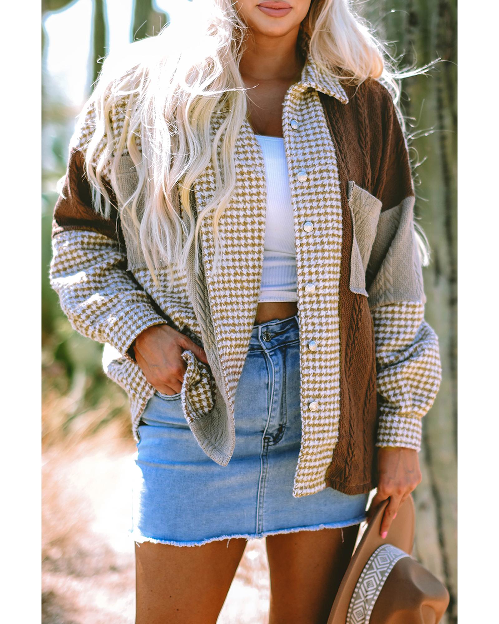 Khaki Houndstooth Color Contrast Textured Patchwork Loose Shacket - XL