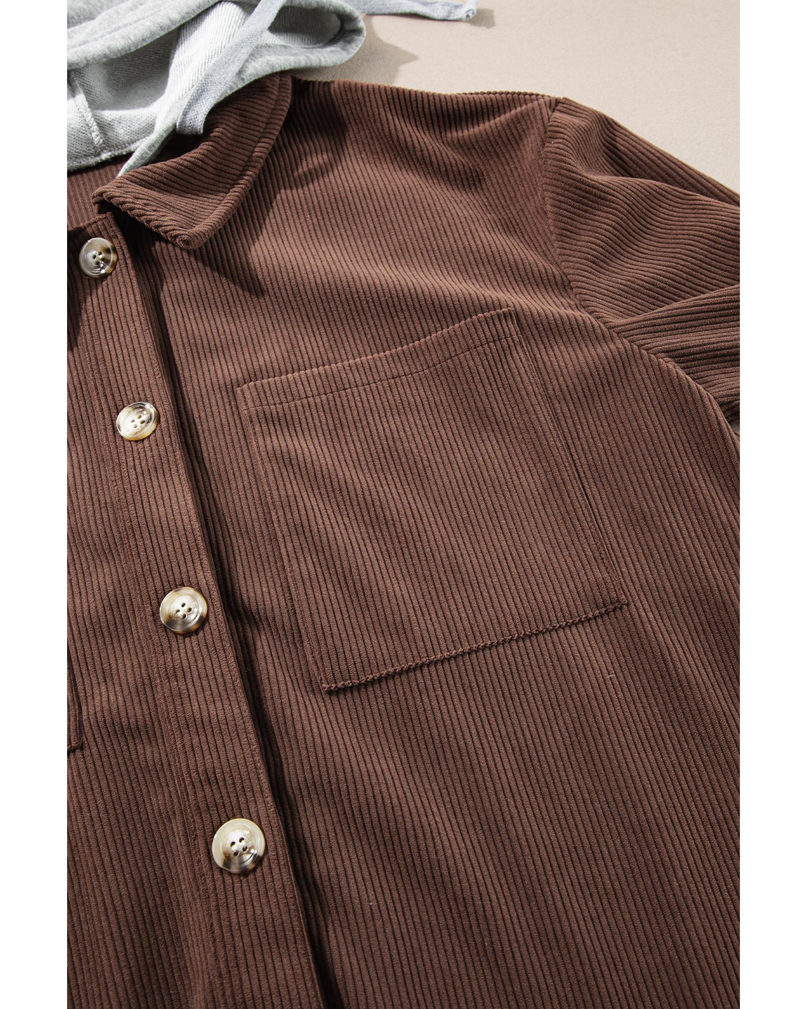 Coffee Hooded Drawstring Pockets Corduroy Shacket - L