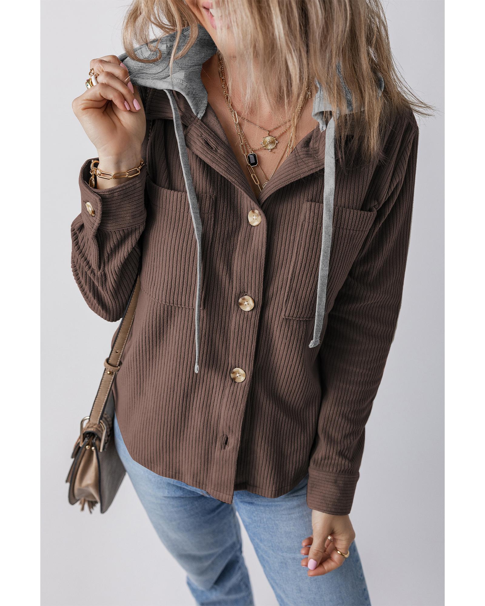 Coffee Hooded Drawstring Pockets Corduroy Shacket - M