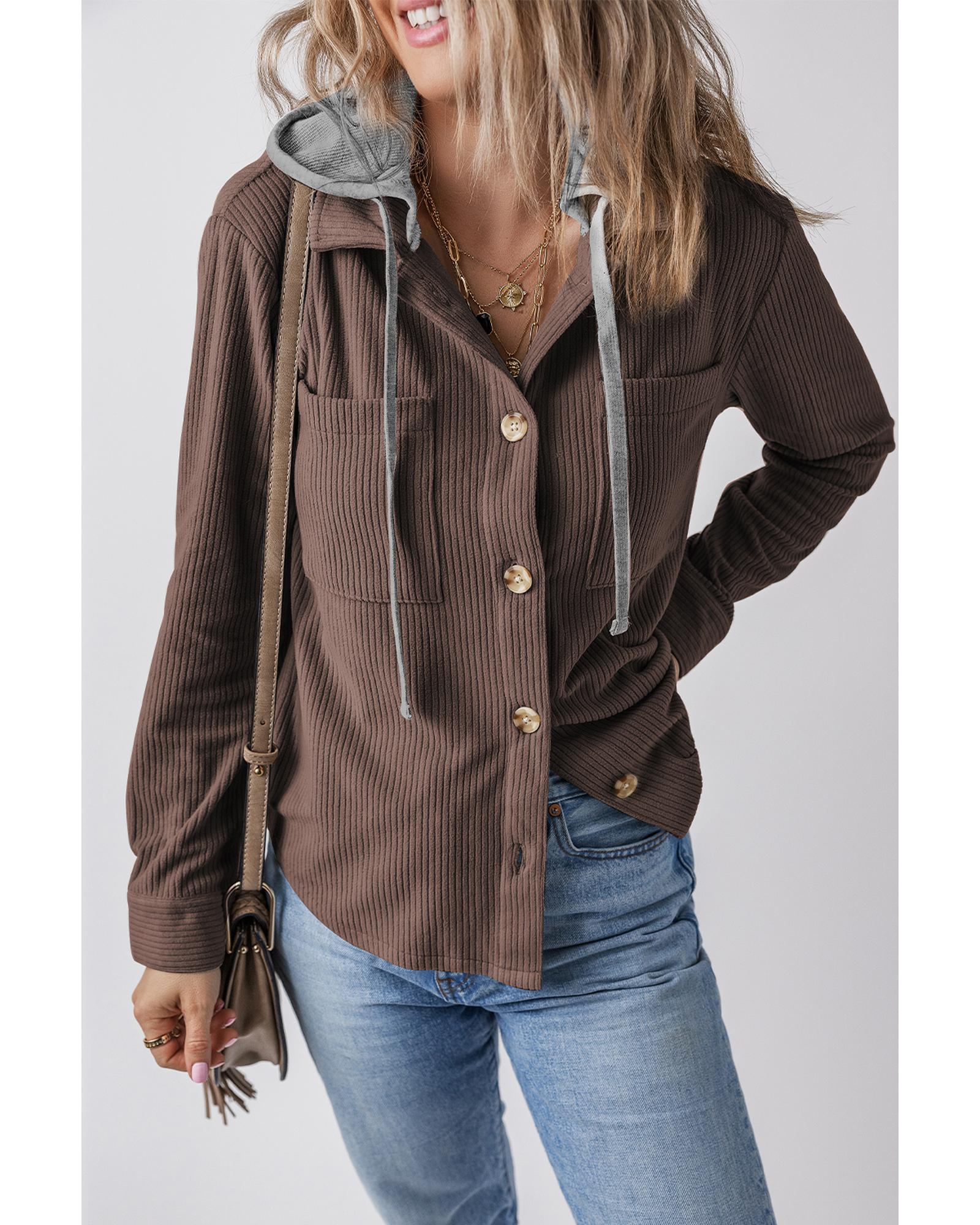 Coffee Hooded Drawstring Pockets Corduroy Shacket - M