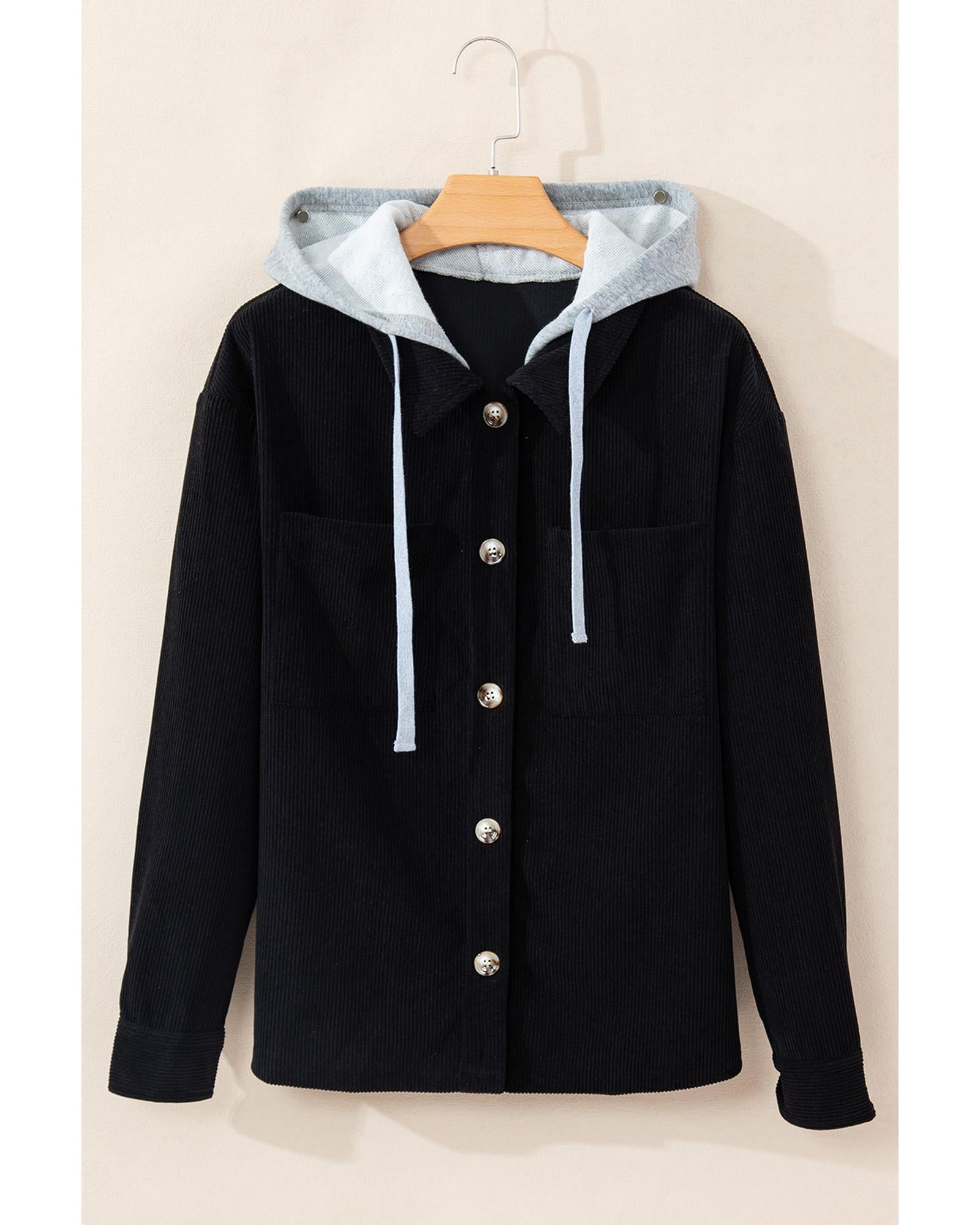Black Hooded Drawstring Pockets Corduroy Shacket - 2XL