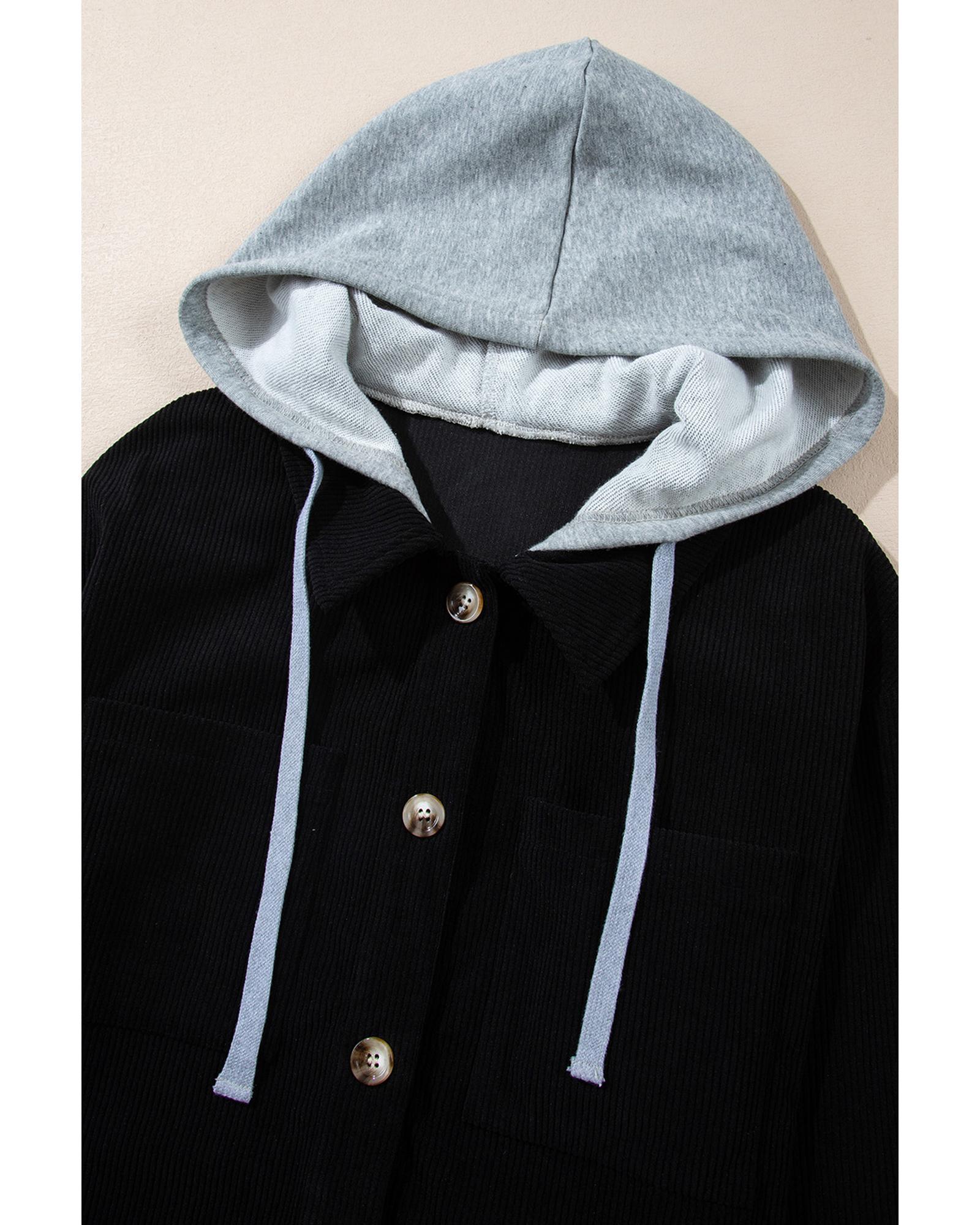 Black Hooded Drawstring Pockets Corduroy Shacket - 2XL