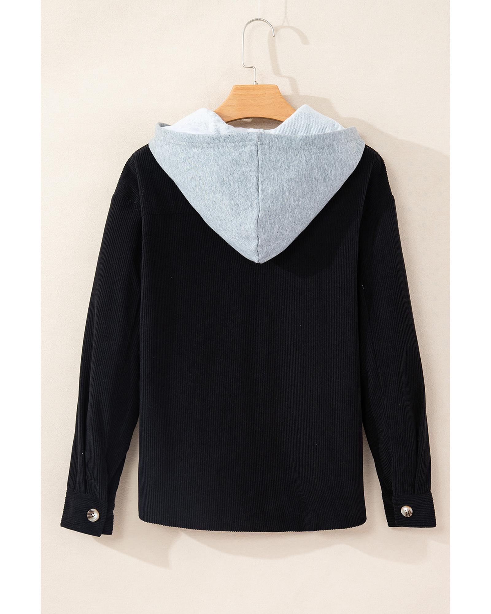 Black Hooded Drawstring Pockets Corduroy Shacket - L