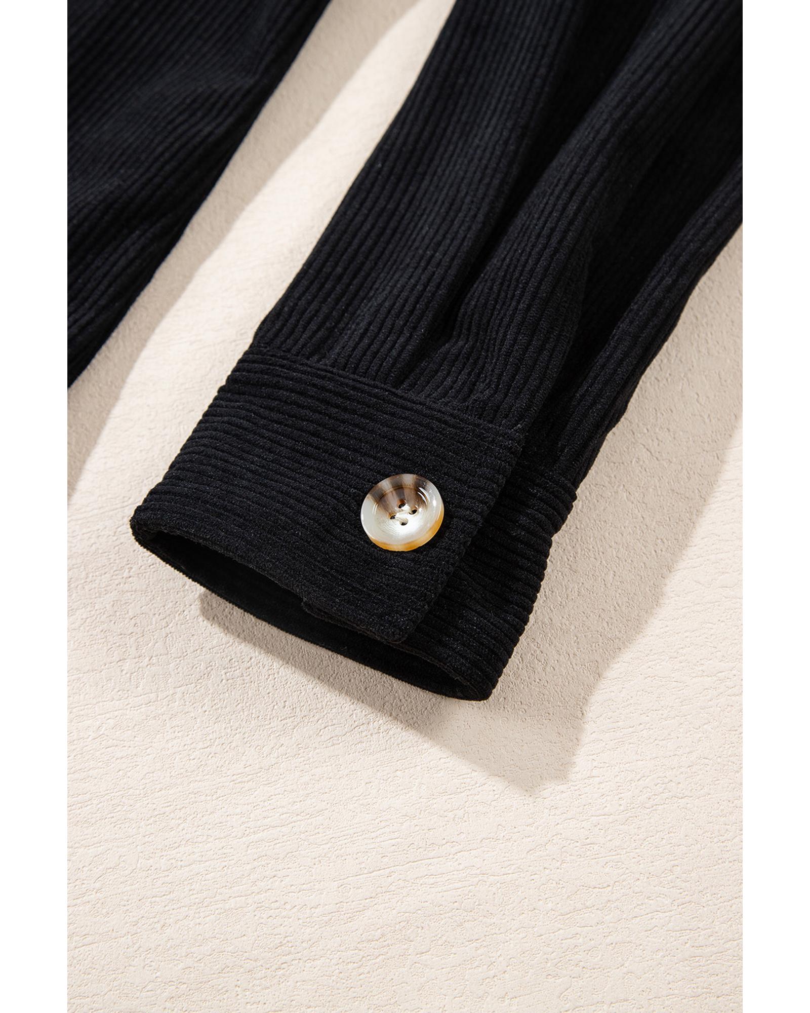 Black Hooded Drawstring Pockets Corduroy Shacket - L