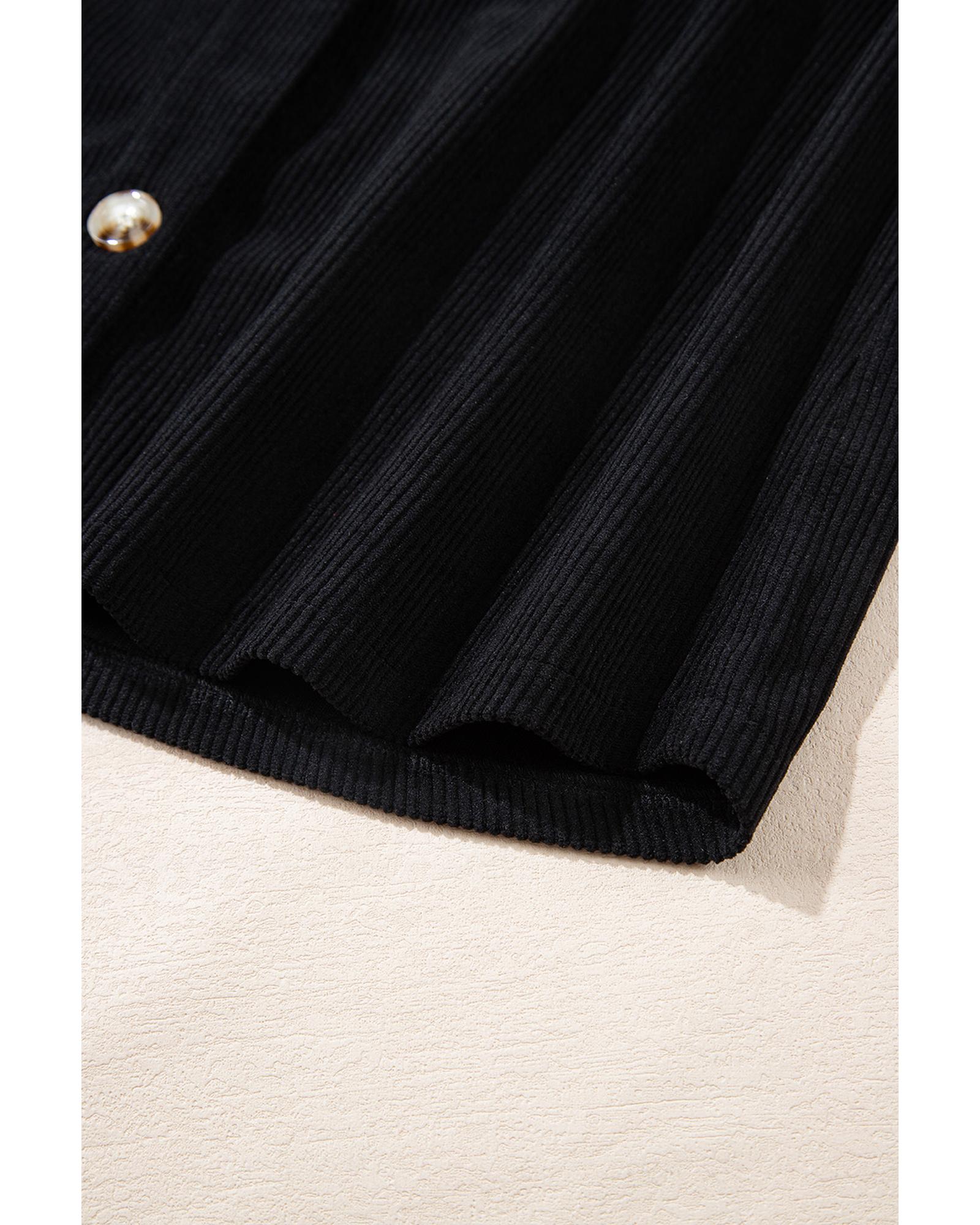 Black Hooded Drawstring Pockets Corduroy Shacket - M