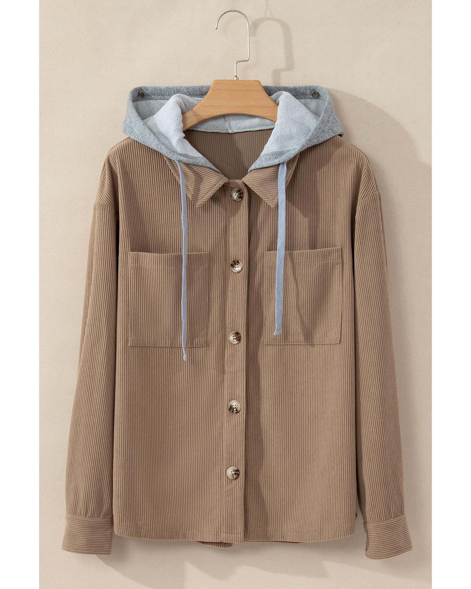 Pale Khaki Hooded Drawstring Pockets Corduroy Shacket - L