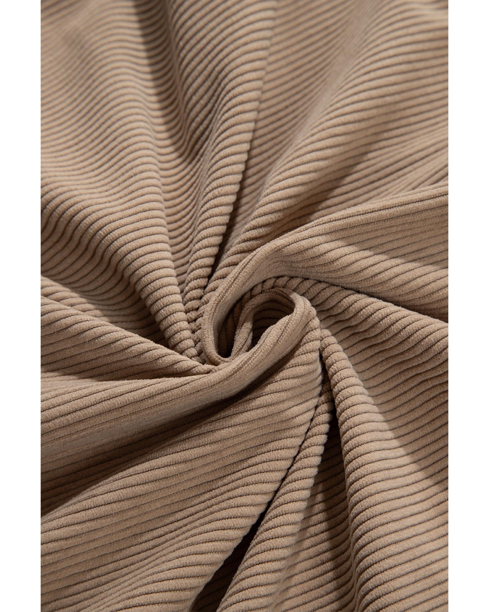 Pale Khaki Hooded Drawstring Pockets Corduroy Shacket - M