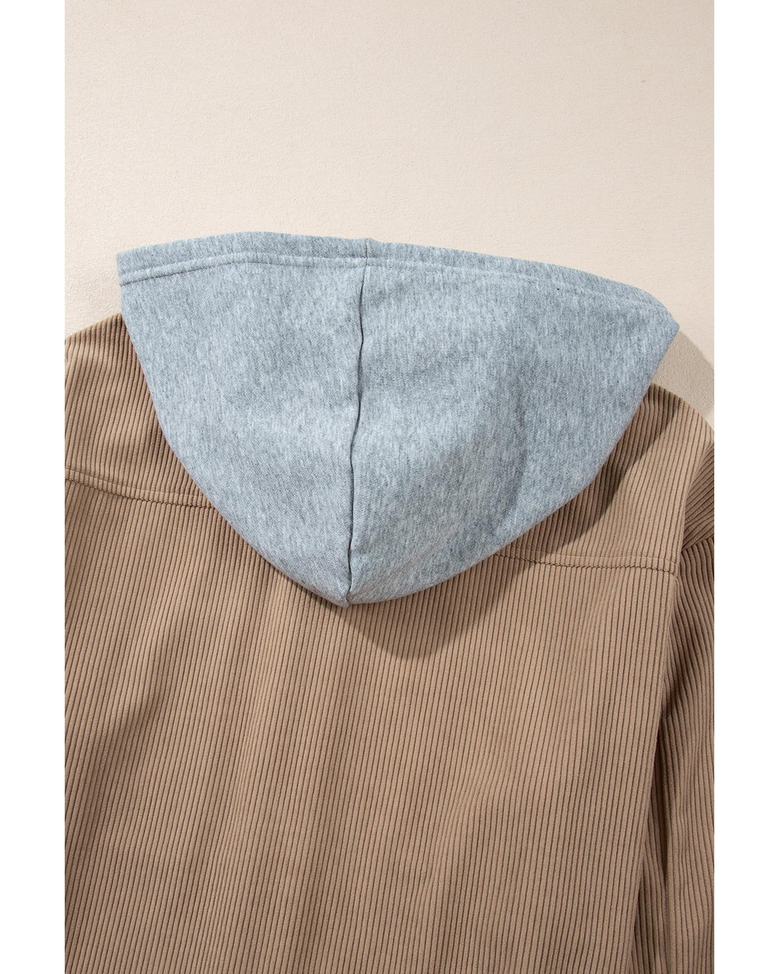 Pale Khaki Hooded Drawstring Pockets Corduroy Shacket - M