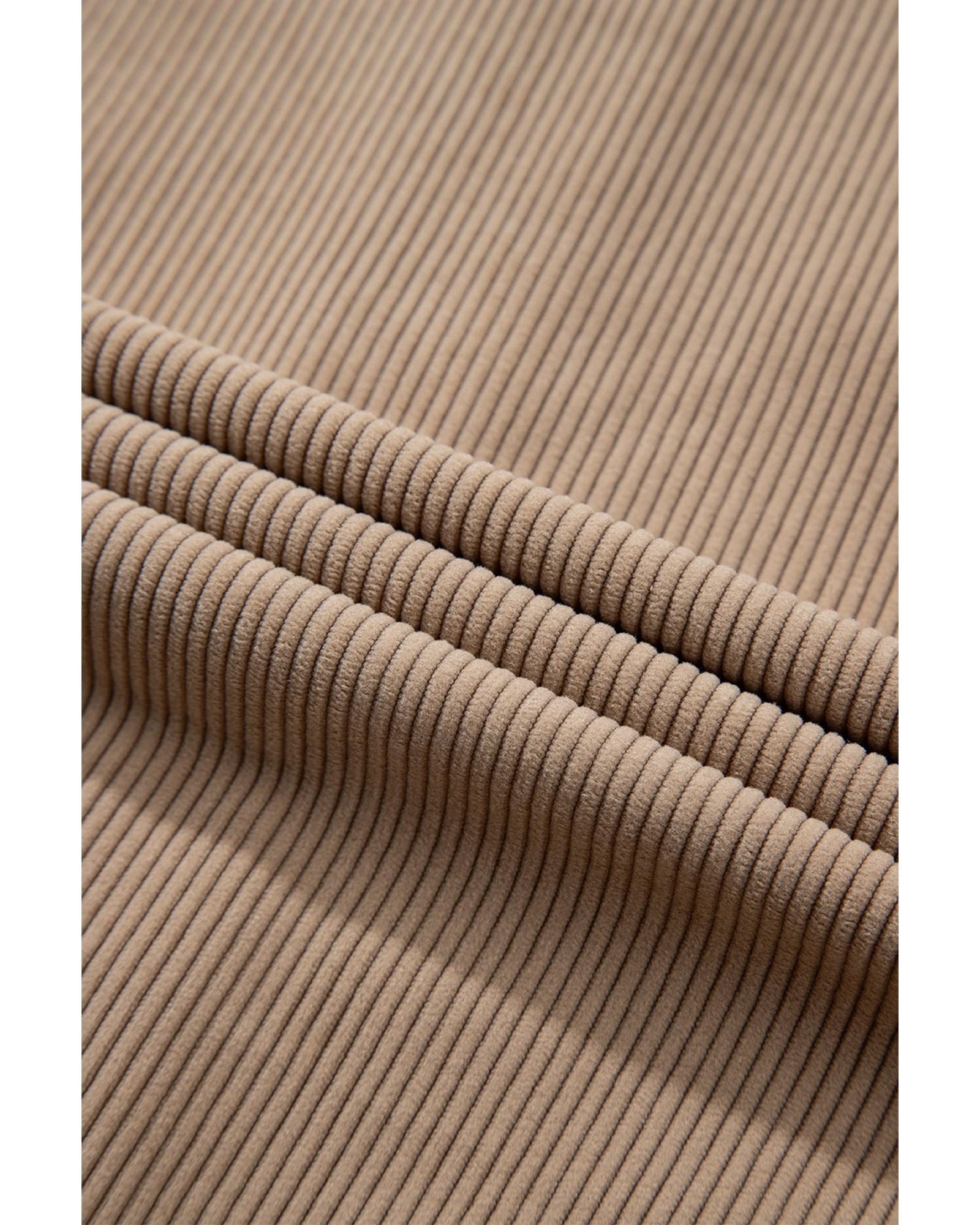Pale Khaki Hooded Drawstring Pockets Corduroy Shacket - M