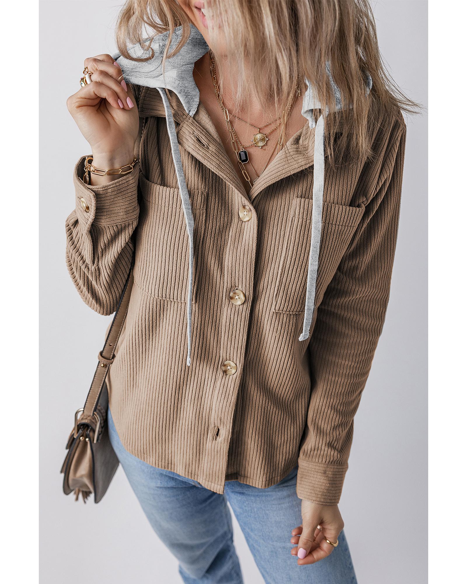 Pale Khaki Hooded Drawstring Pockets Corduroy Shacket - M