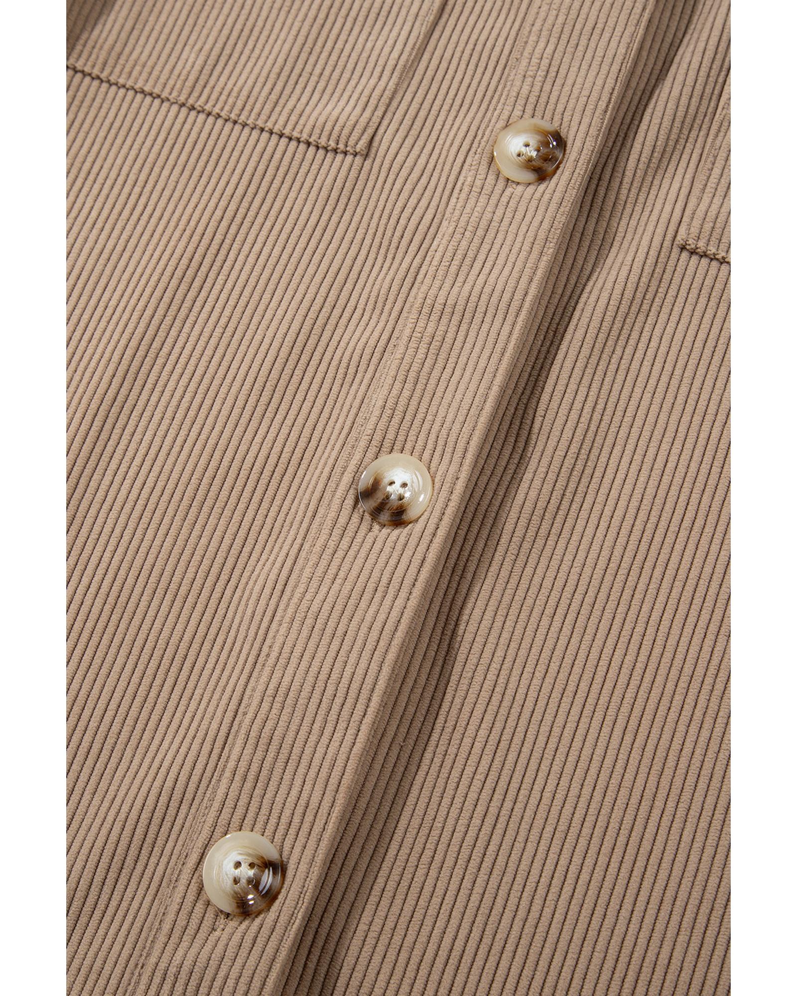 Pale Khaki Hooded Drawstring Pockets Corduroy Shacket - M