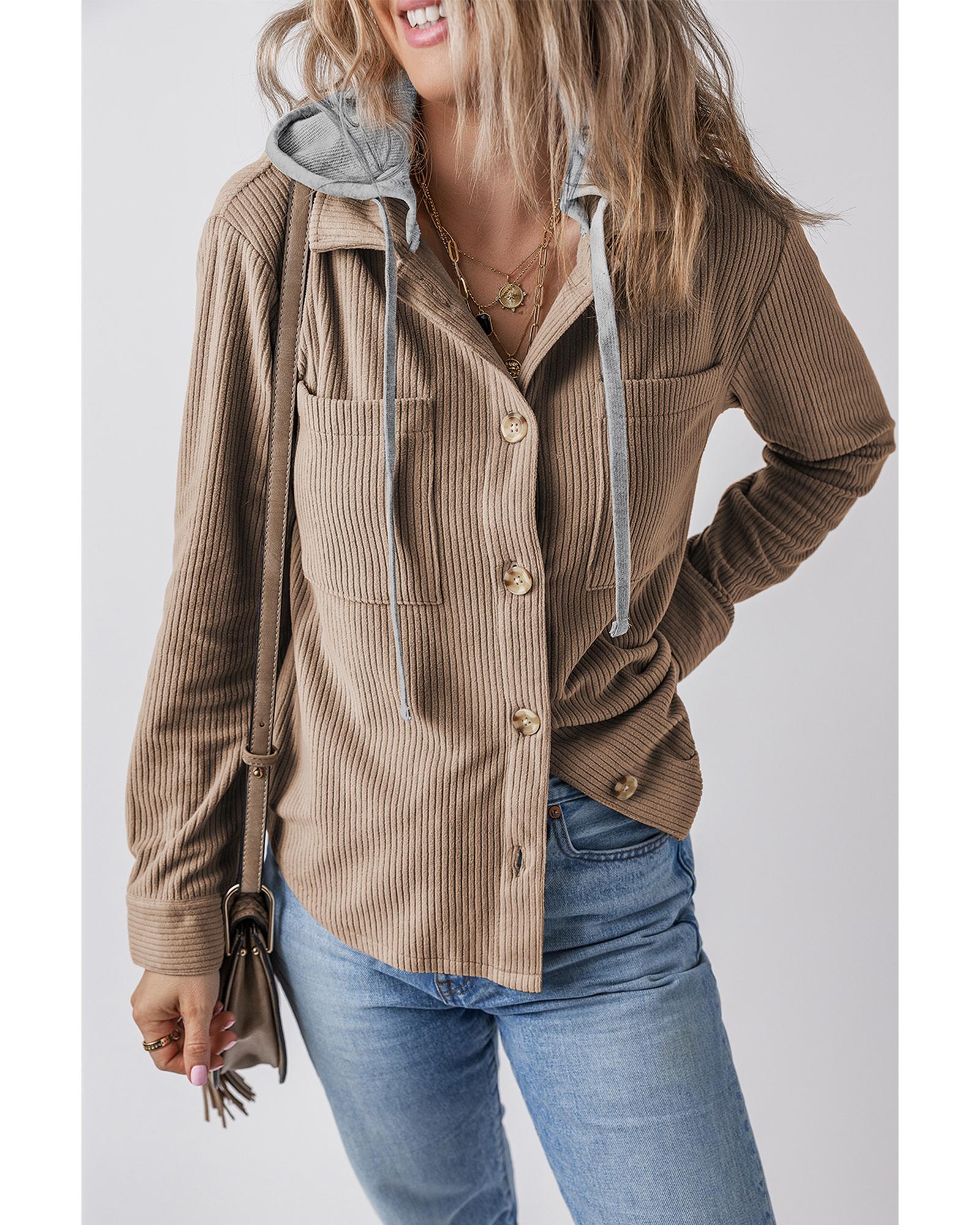 Pale Khaki Hooded Drawstring Pockets Corduroy Shacket - S
