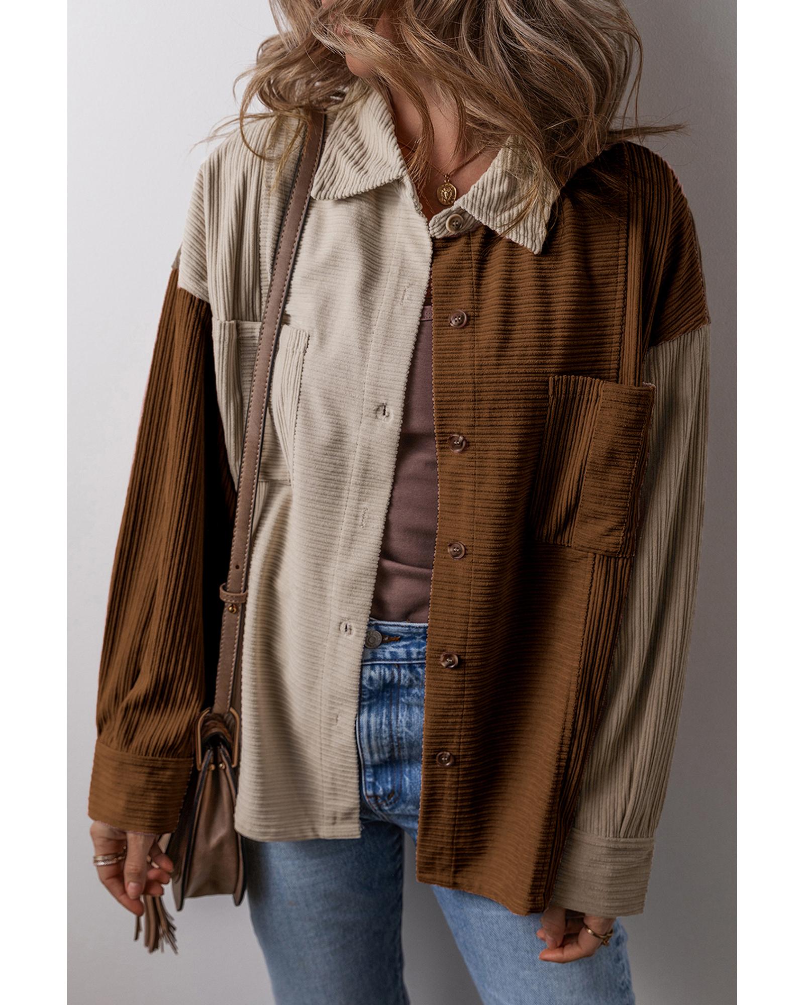 Brown Color Block Chest Pockets Buttoned Corduroy Shacket - L