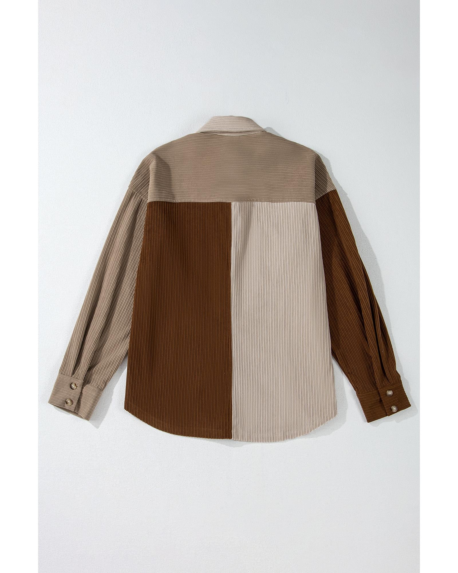 Brown Color Block Chest Pockets Buttoned Corduroy Shacket - L