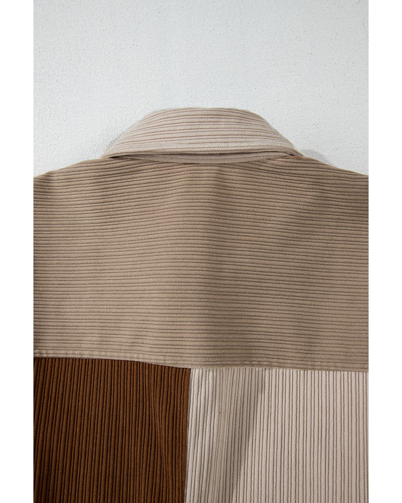 Brown Color Block Chest Pockets Buttoned Corduroy Shacket - L