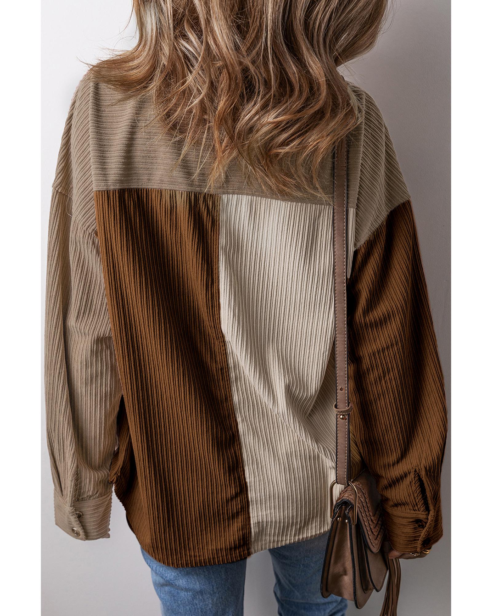Brown Color Block Chest Pockets Buttoned Corduroy Shacket - S