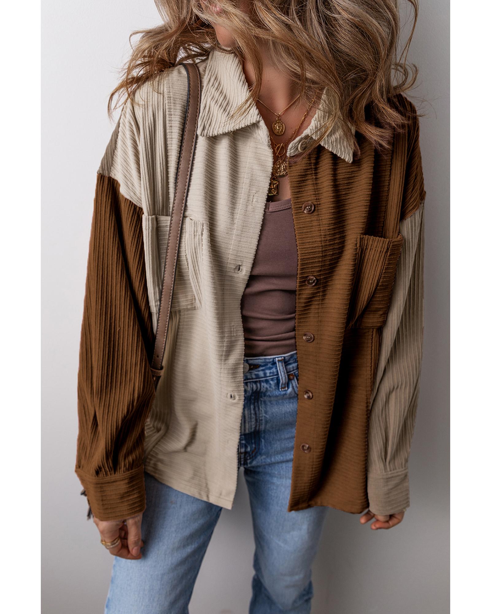 Brown Color Block Chest Pockets Buttoned Corduroy Shacket - S
