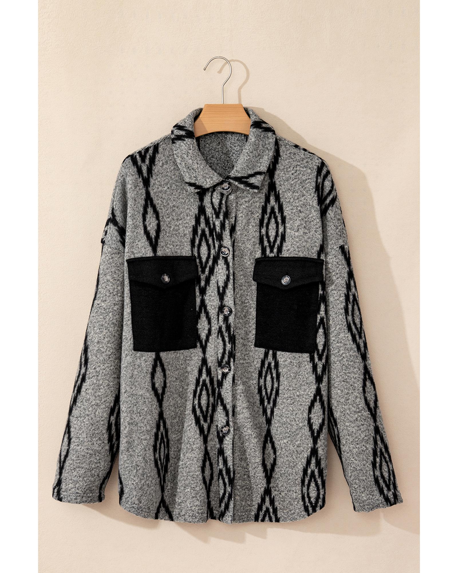 Gray Aztec Contrast Chest Pockets Loose Shacket - L